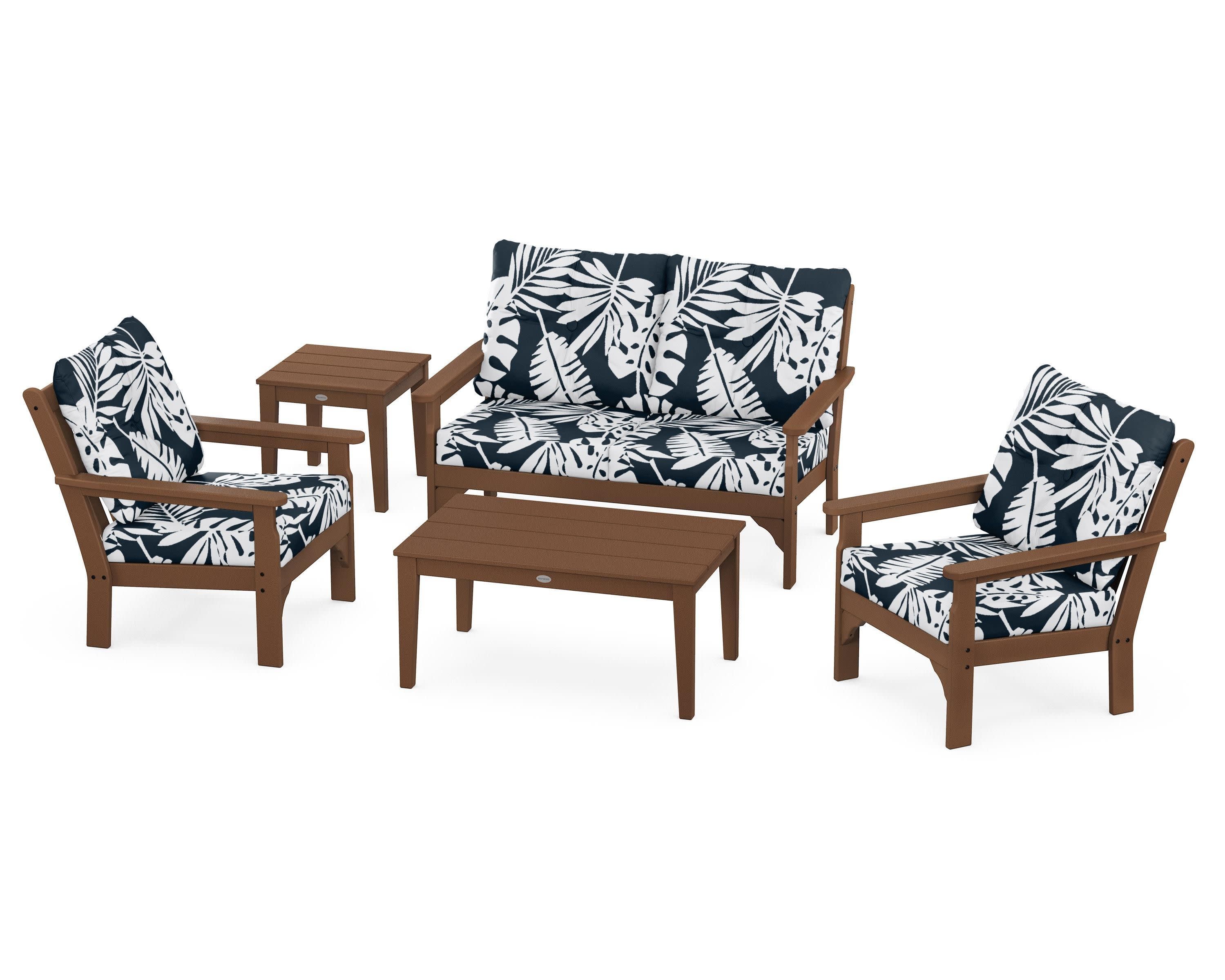 Vineyard 5-Piece Deep Seating Set in Teak / Leaf Marine Indigo