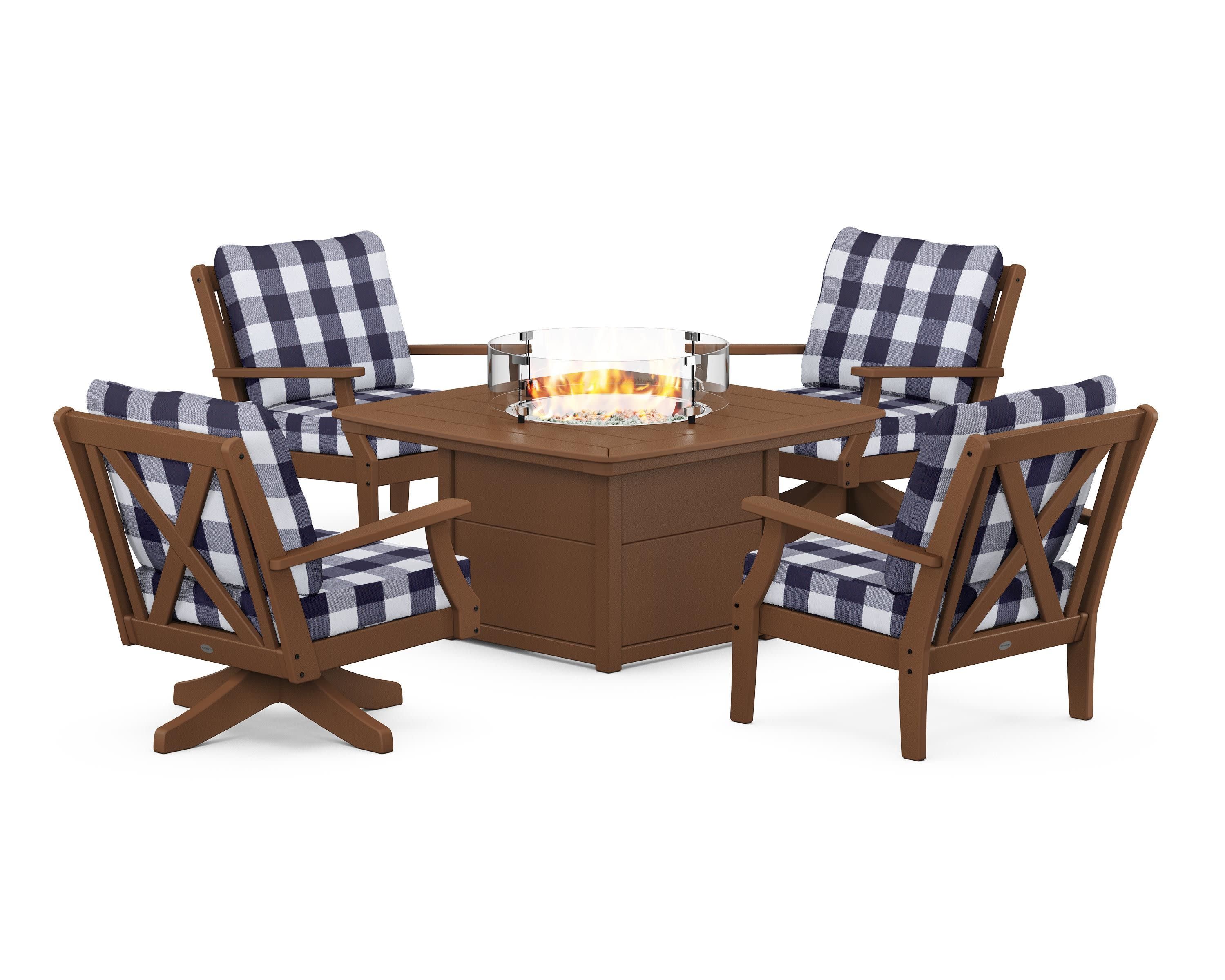Braxton 5-Piece Deep Seating Set with Fire Table in Teak / Buffalo Plaid Navy
