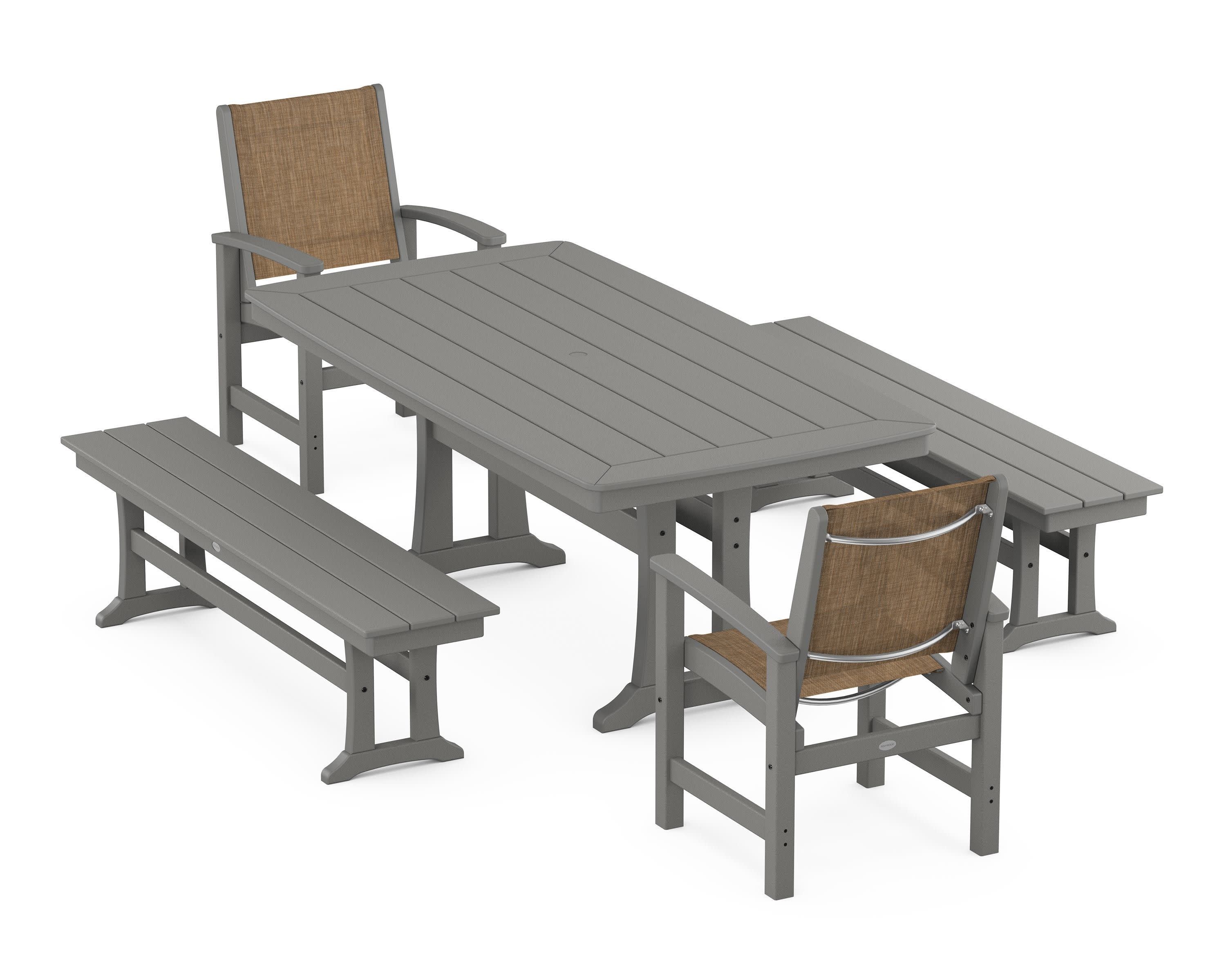 Coastal 5-Piece Dining Set with Trestle Legs and Benches in Slate Grey / Burlap Sling