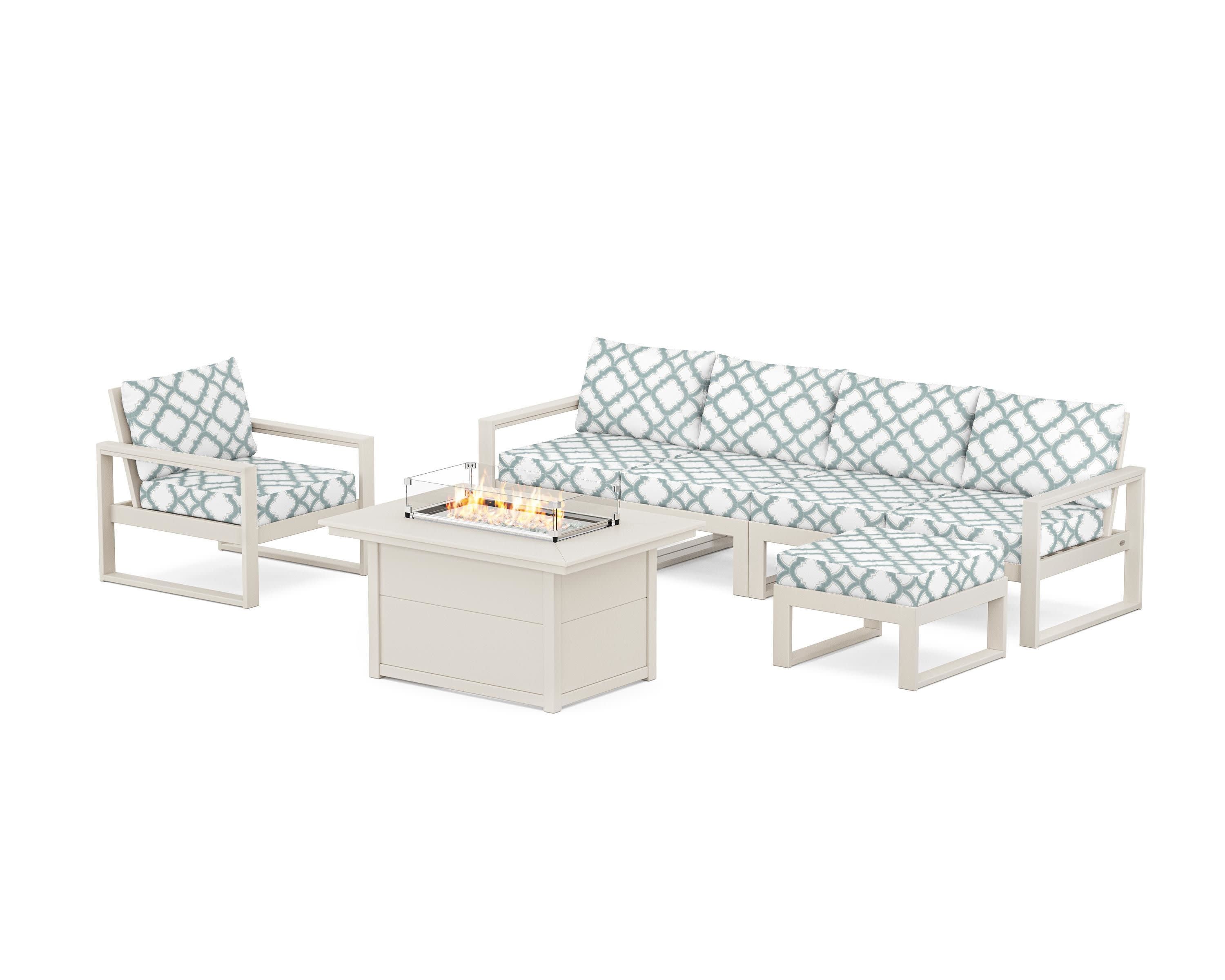 EDGE Sectional Lounge and Fire Pit Set in Sand / Trellis Glacier Spa