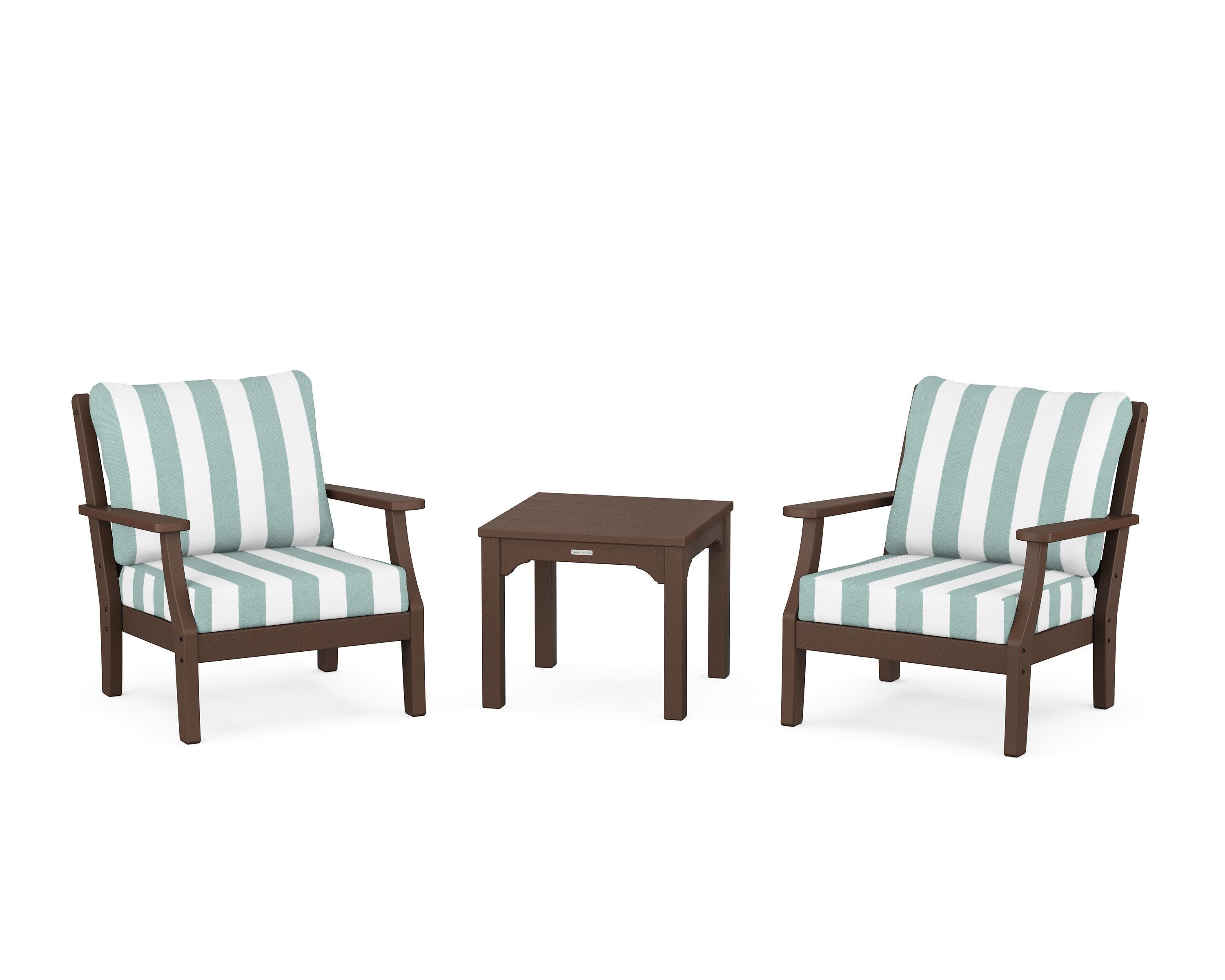 Chinoiserie 3-Piece Deep Seating Set in Mahogany / Cabana Stripe Glacier Spa