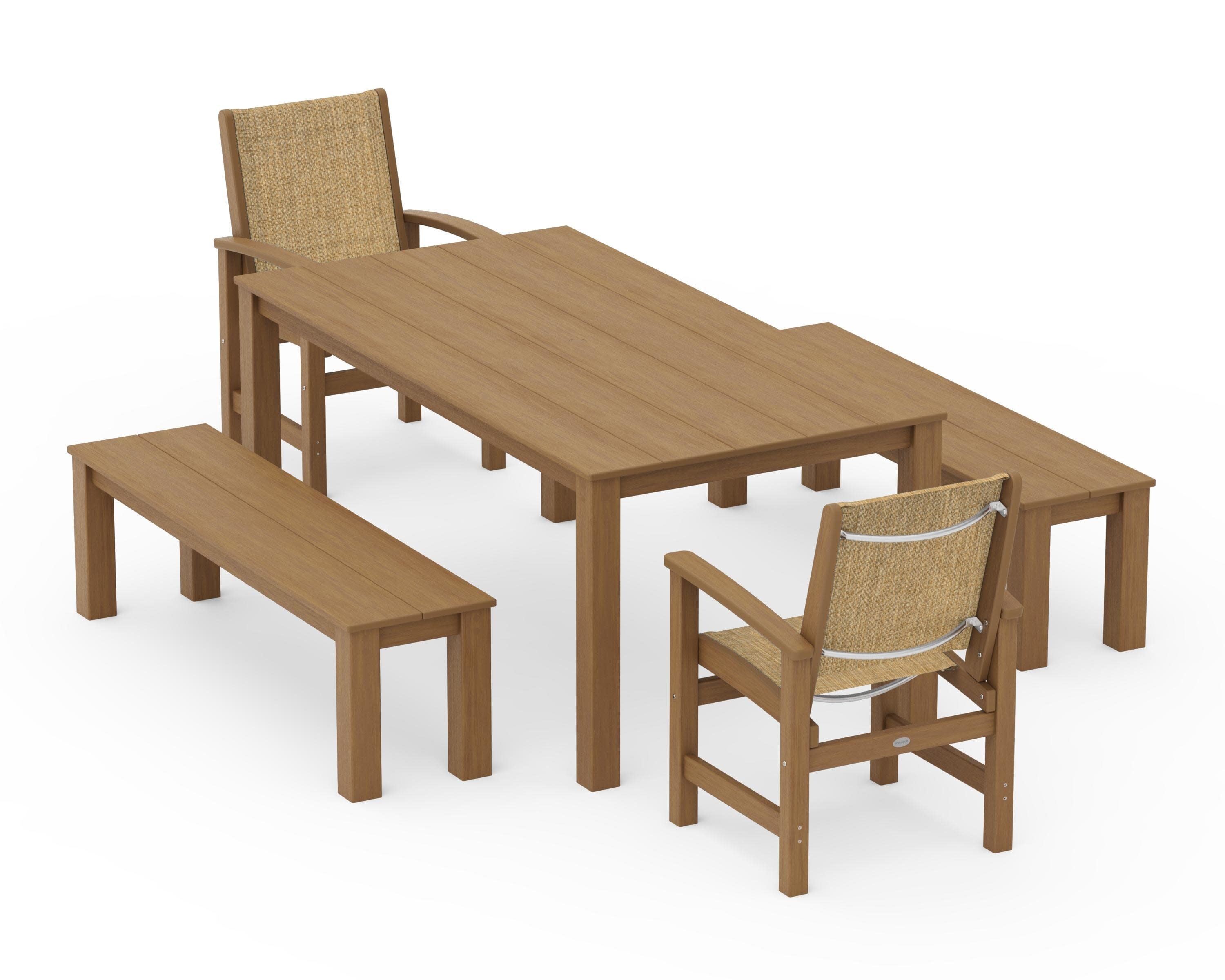 Coastal 5-Piece Parsons Dining Set with Benches in Natural / Burlap Sling