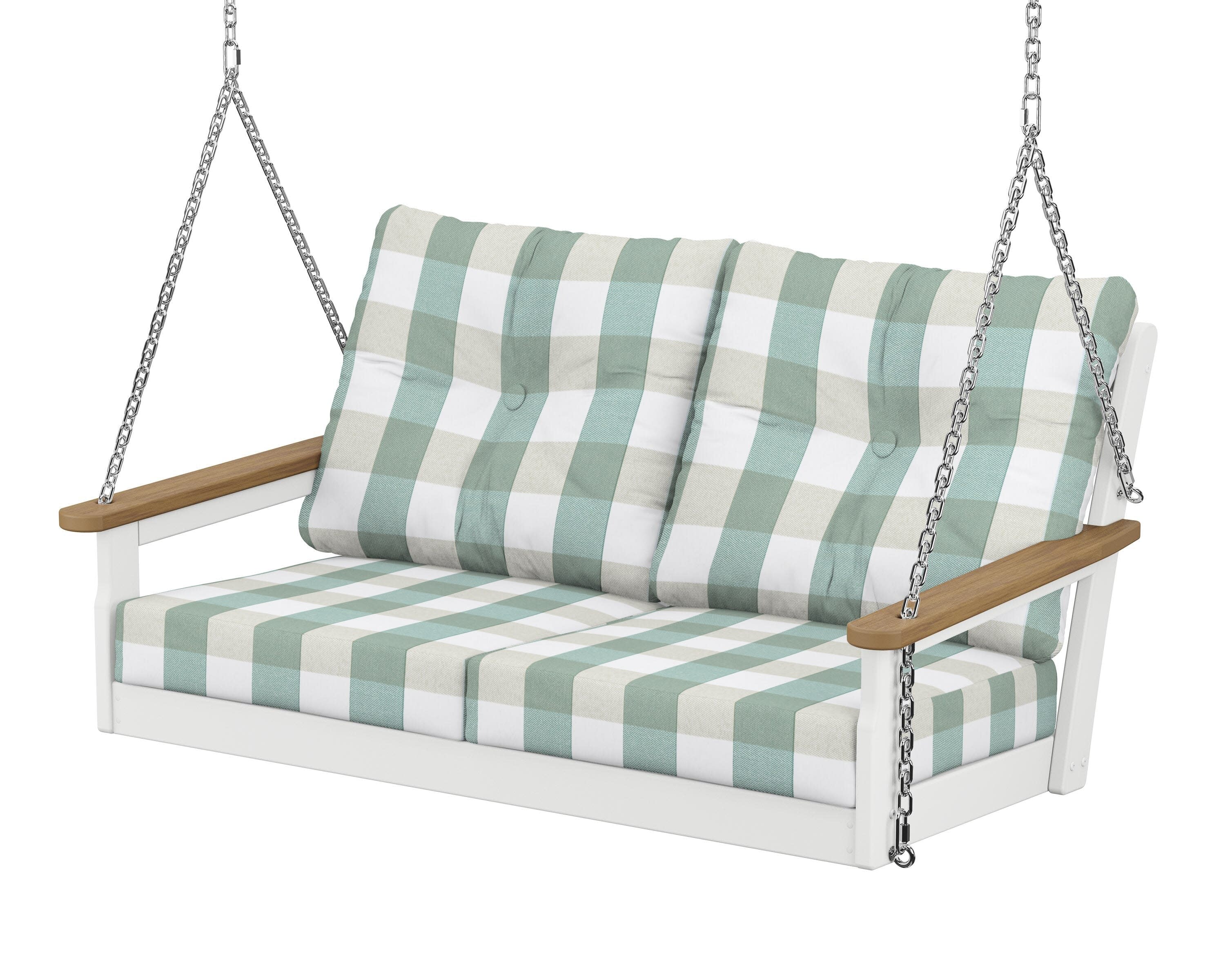 Vineyard Deep Seating Swing in White / Natural / Buffalo Plaid Glacier Spa