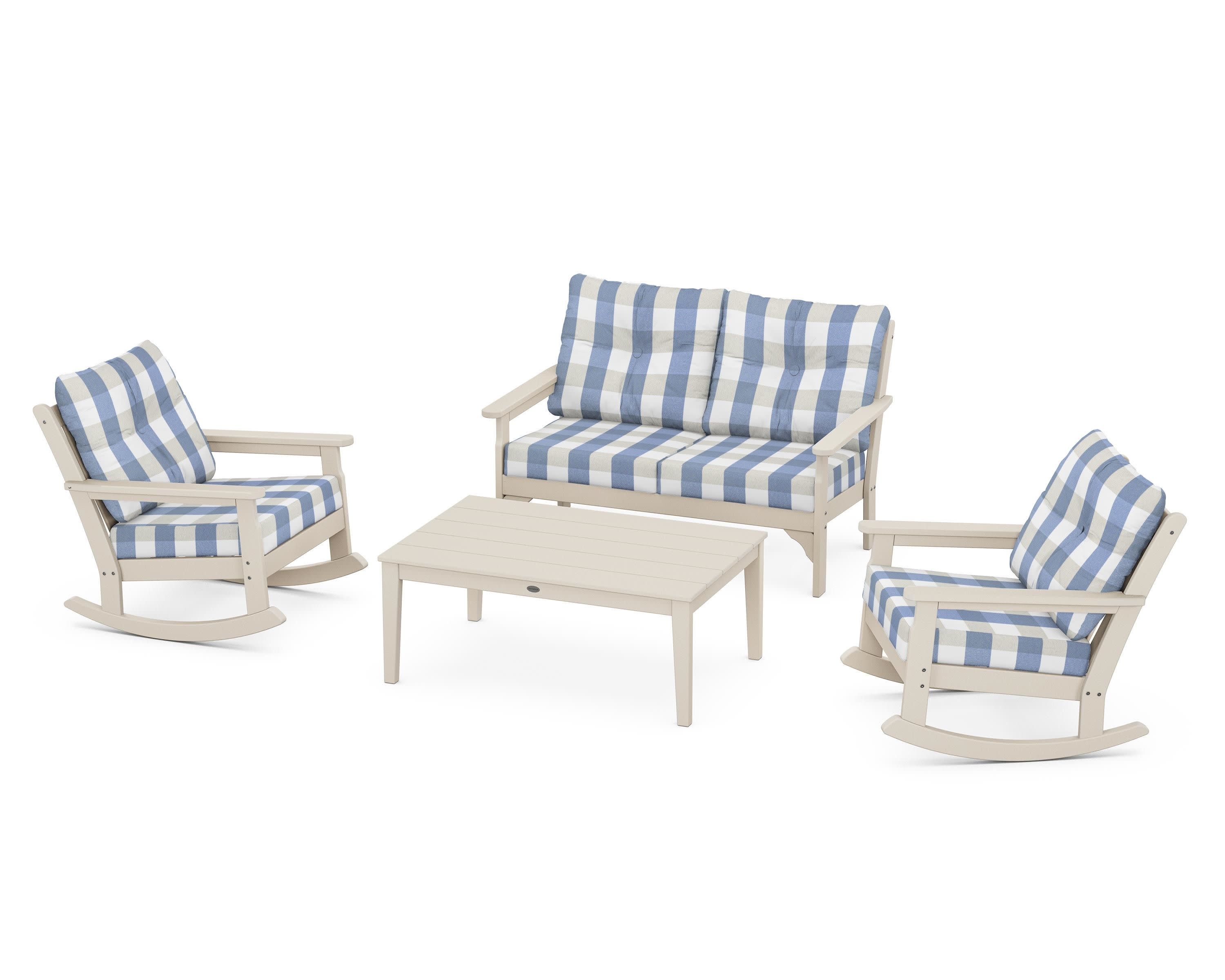 Vineyard 4-Piece Deep Seating Rocking Chair Set in Sand / Buffalo Plaid Sky Blue