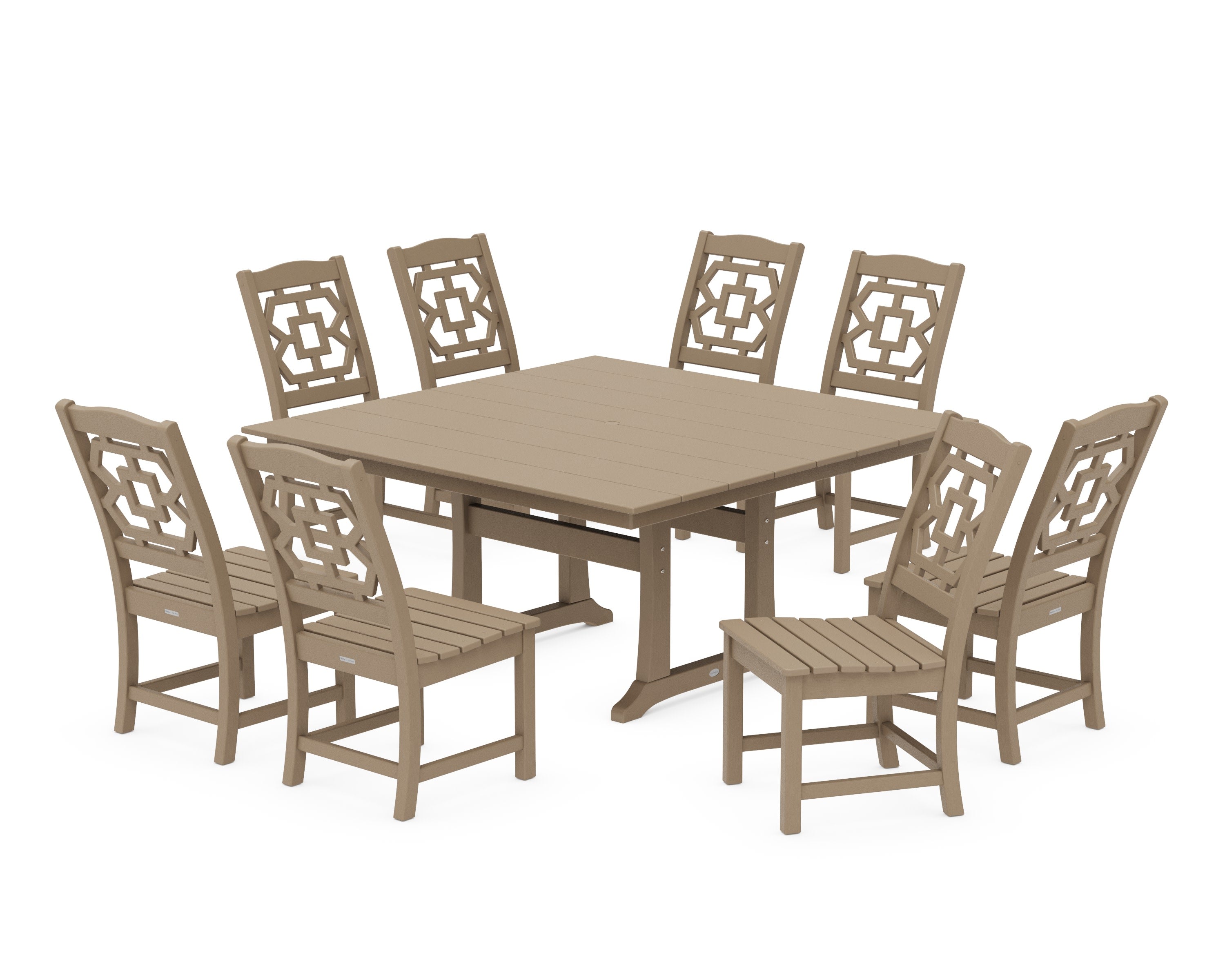 Chinoiserie 9-Piece Square Farmhouse Side Chair Dining Set with Trestle Legs in Vintage Sahara