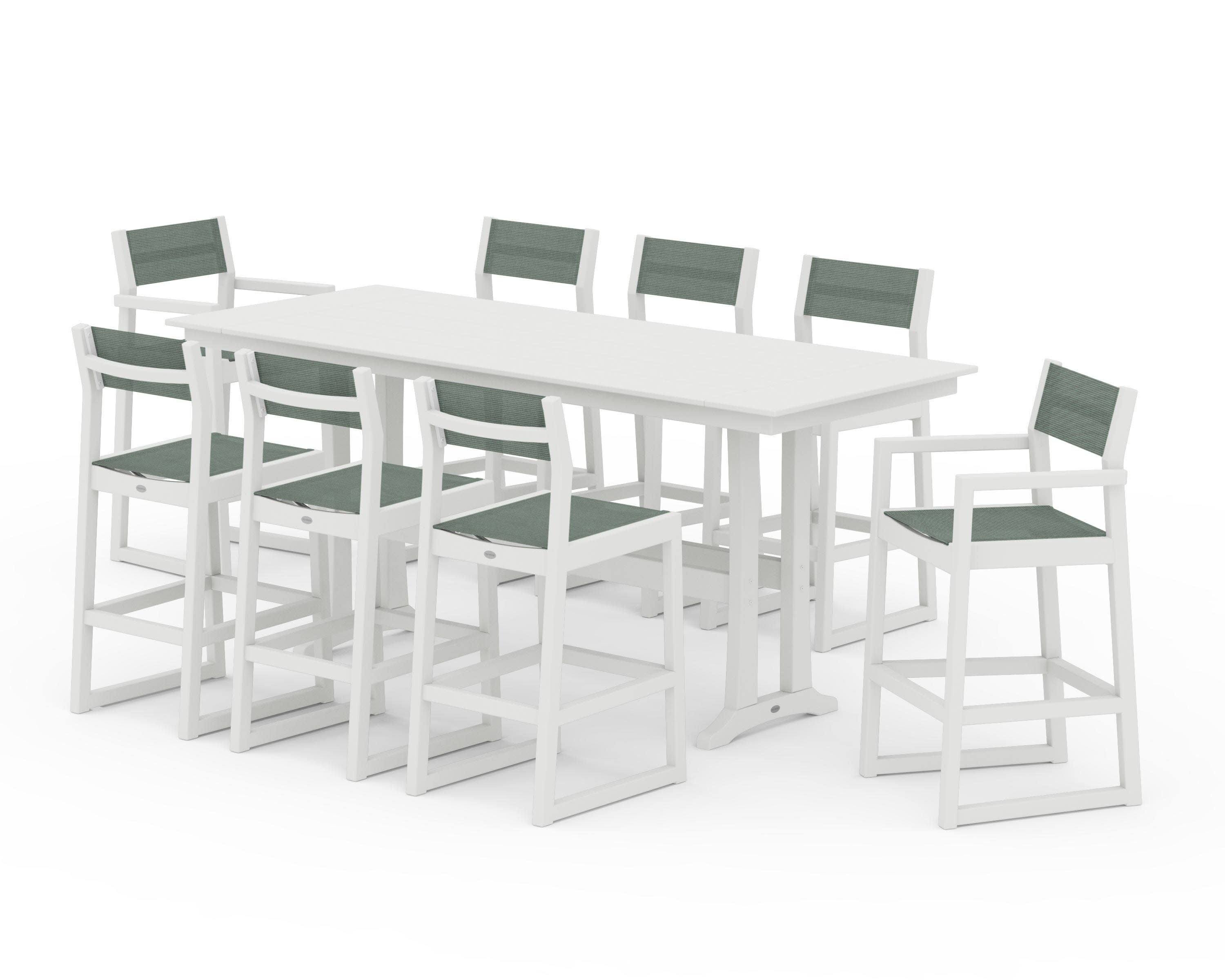 EDGE Sling 9-Piece Farmhouse Bar Set with Trestle Legs in Vintage White / Dupioni Sea Mist Sling