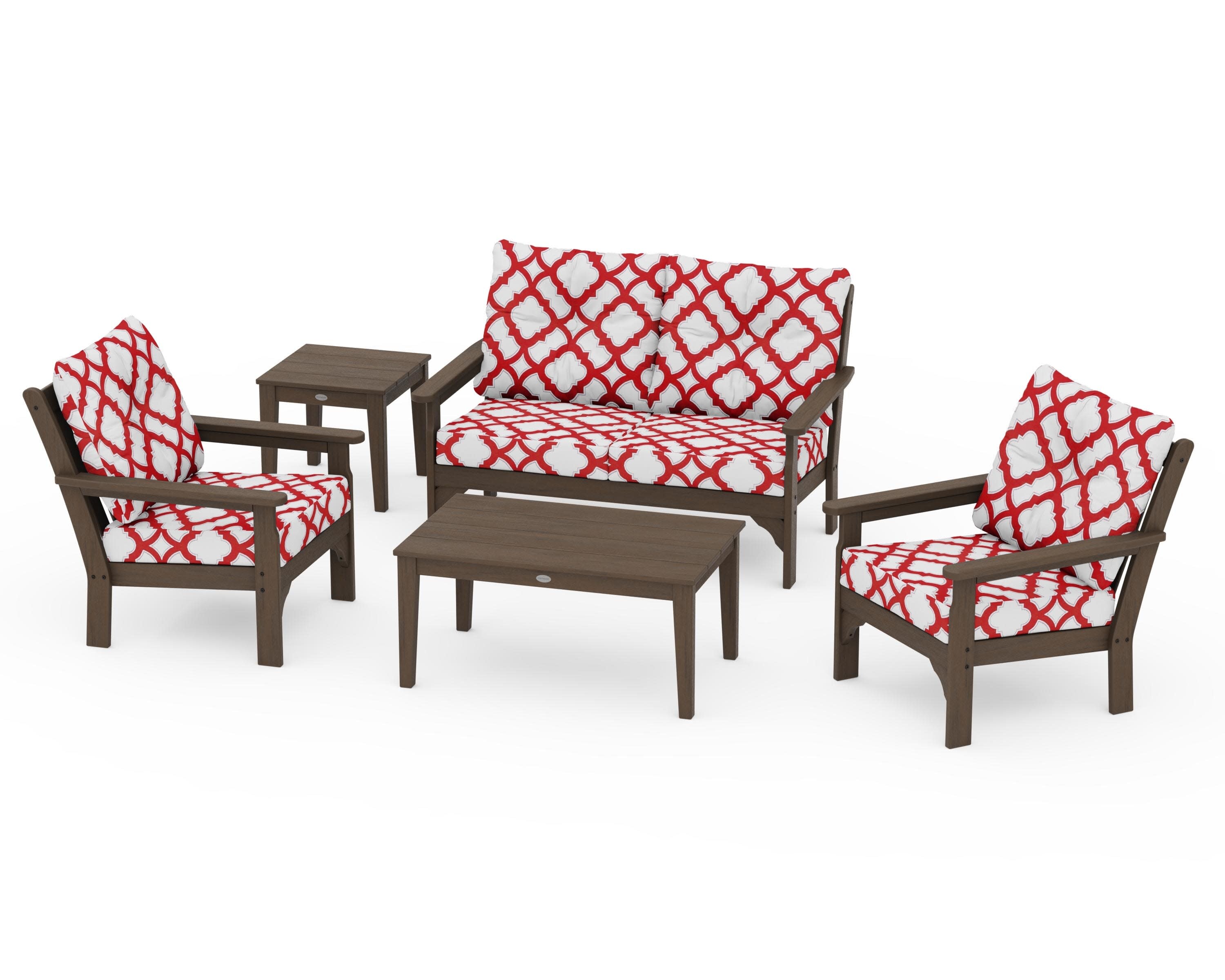Vineyard 5-Piece Deep Seating Set in Kona / Trellis Crimson