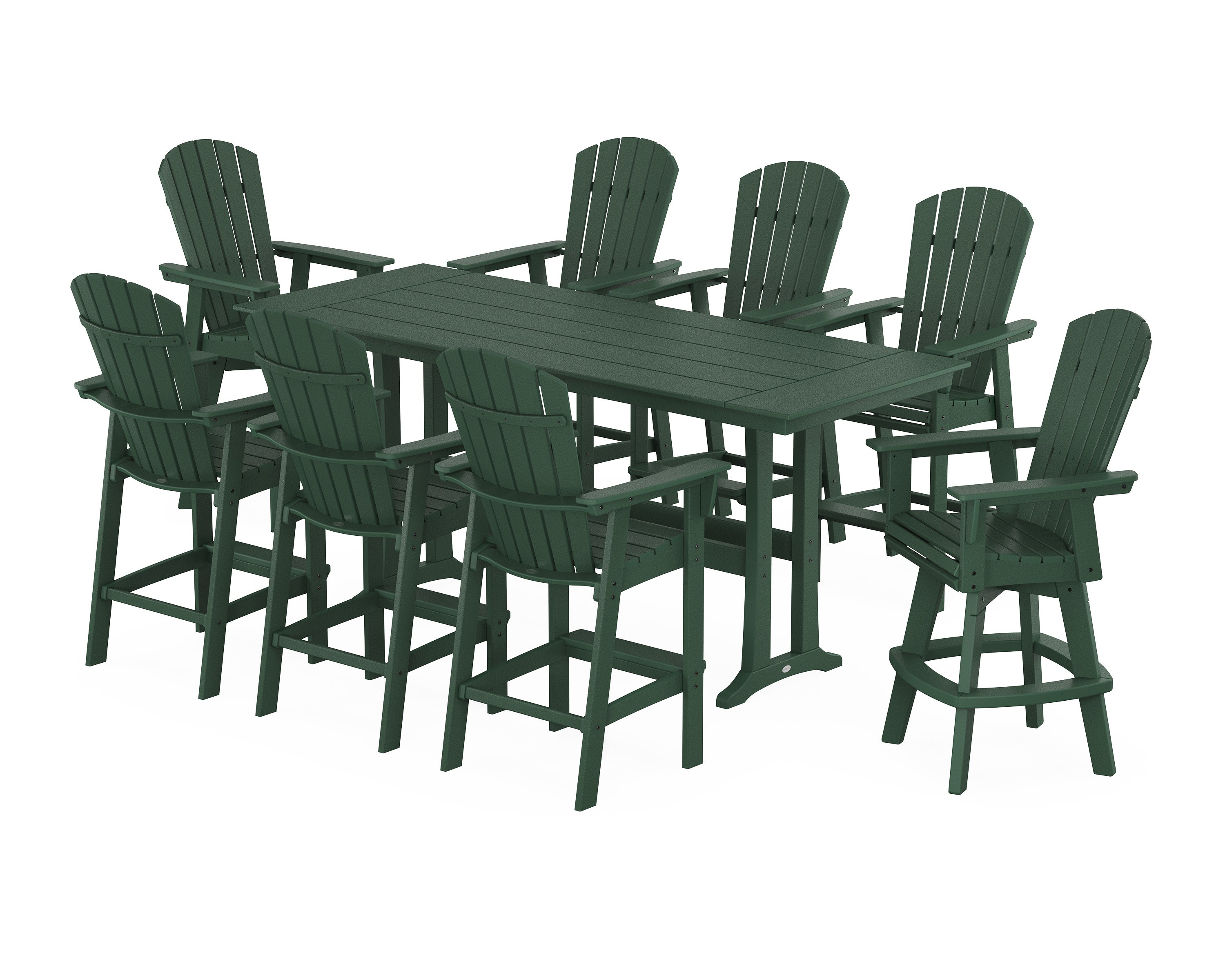 Nautical Curveback Adirondack Swivel Chair 9-Piece Farmhouse Bar Set with Trestle Legs in Green