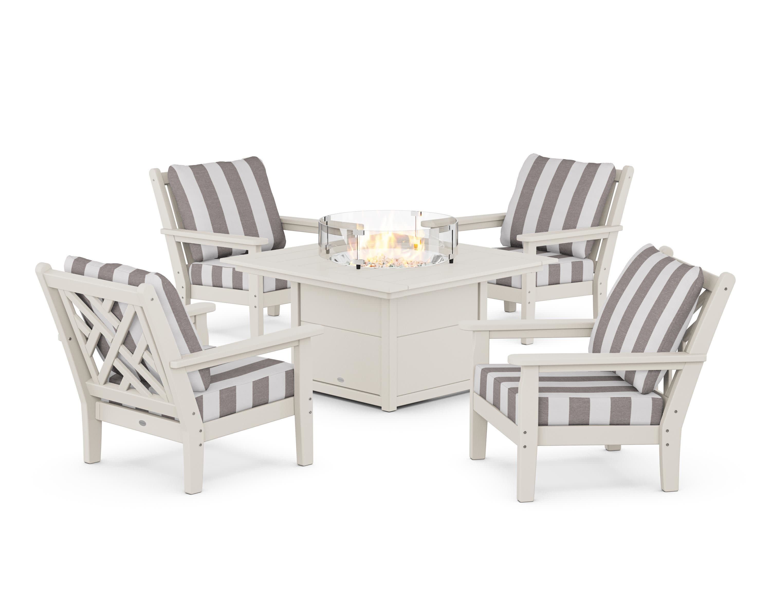 Chippendale 5-Piece Deep Seating Set with Fire Pit Table in Sand / Cabana Stripe Grey Mist