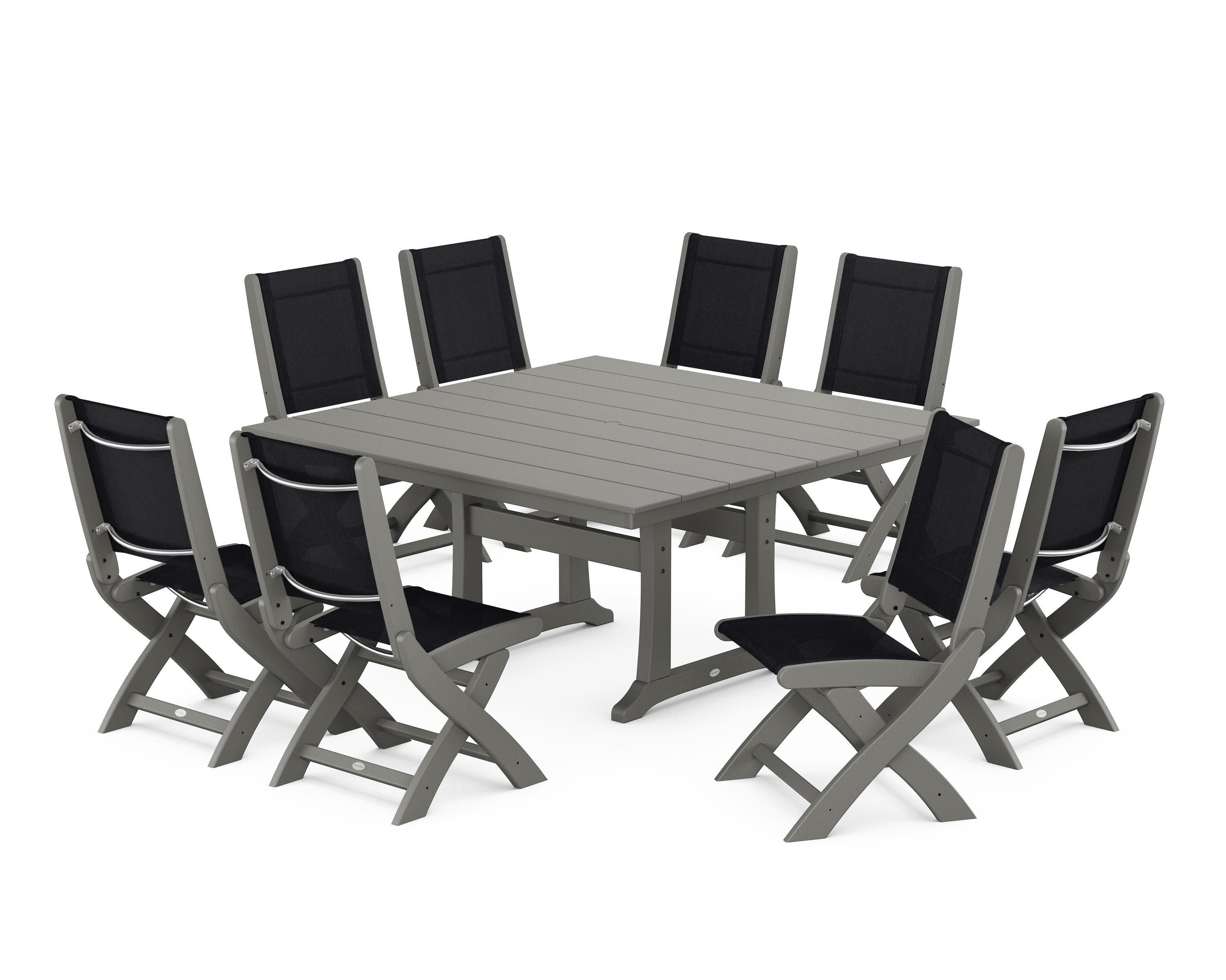 Coastal Folding Side Chair 9-Piece Farmhouse Dining Set in Slate Grey / Black Sling