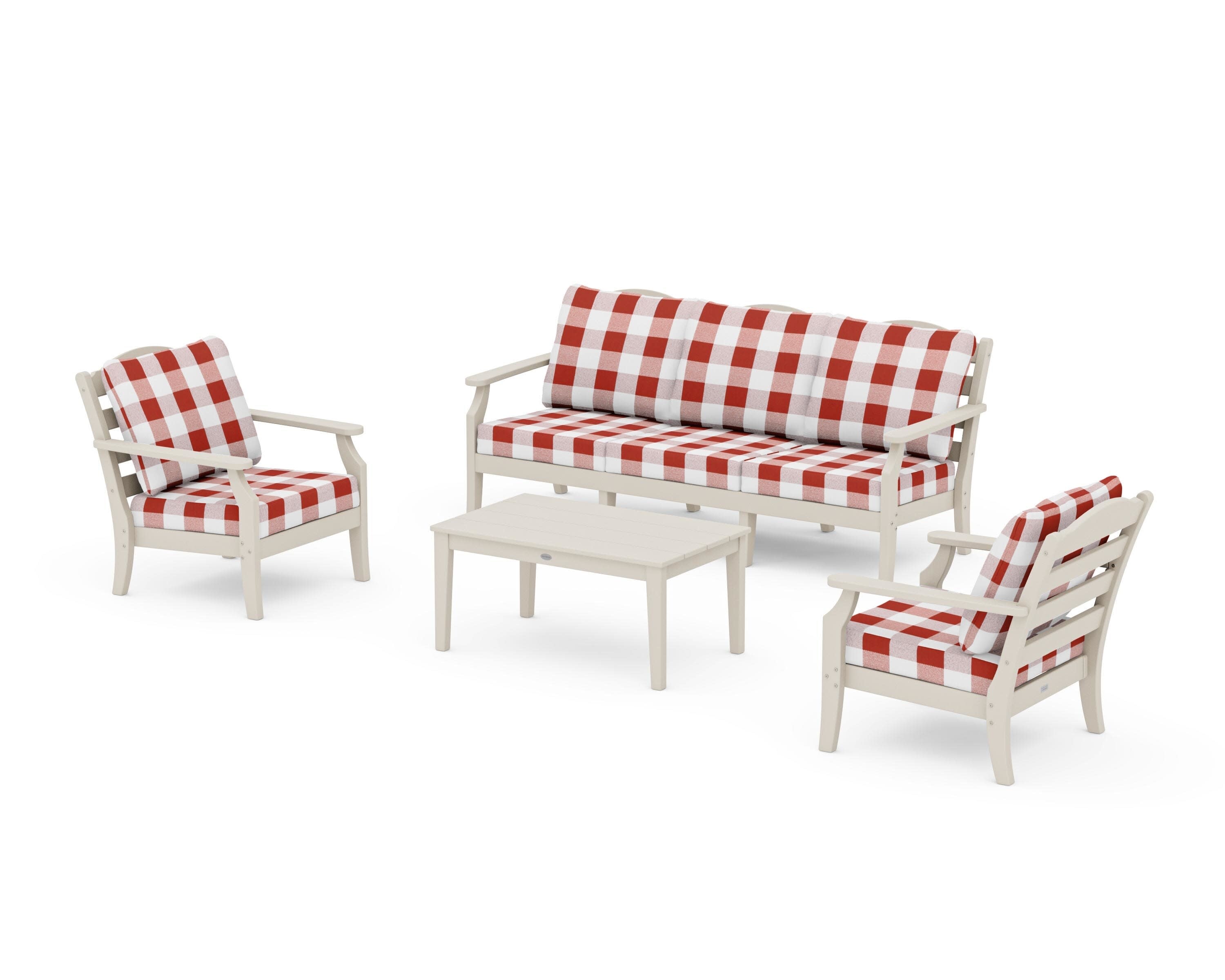 Savannah 4-Piece Deep Seating Set with Sofa in Sand / Buffalo Plaid Crimson