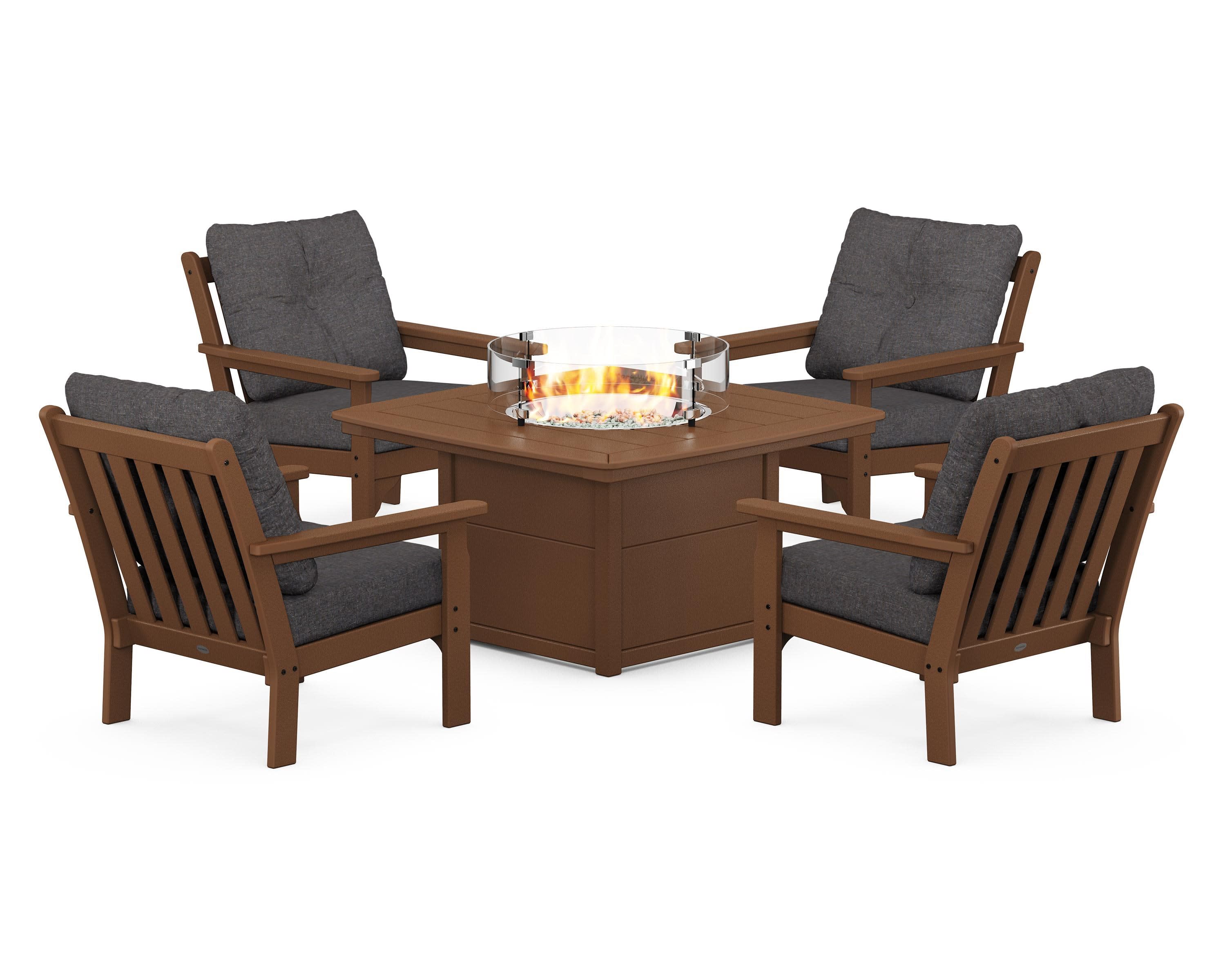 Vineyard 5-Piece Conversation Set with Fire Pit Table in Teak / Ash Charcoal