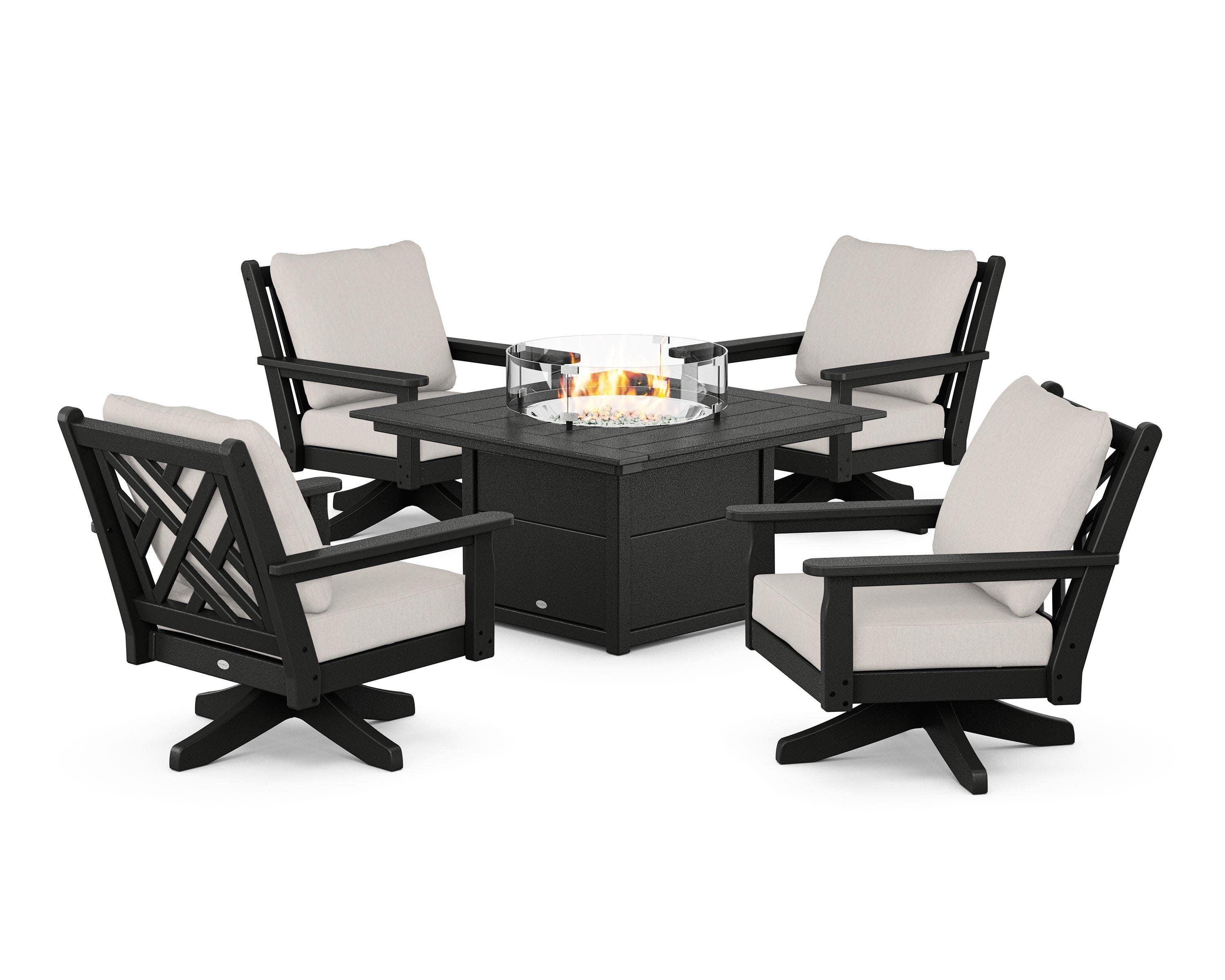 Chippendale 5-Piece Deep Seating Swivel Conversation Set with Fire Pit Table in Black / Cast Ash