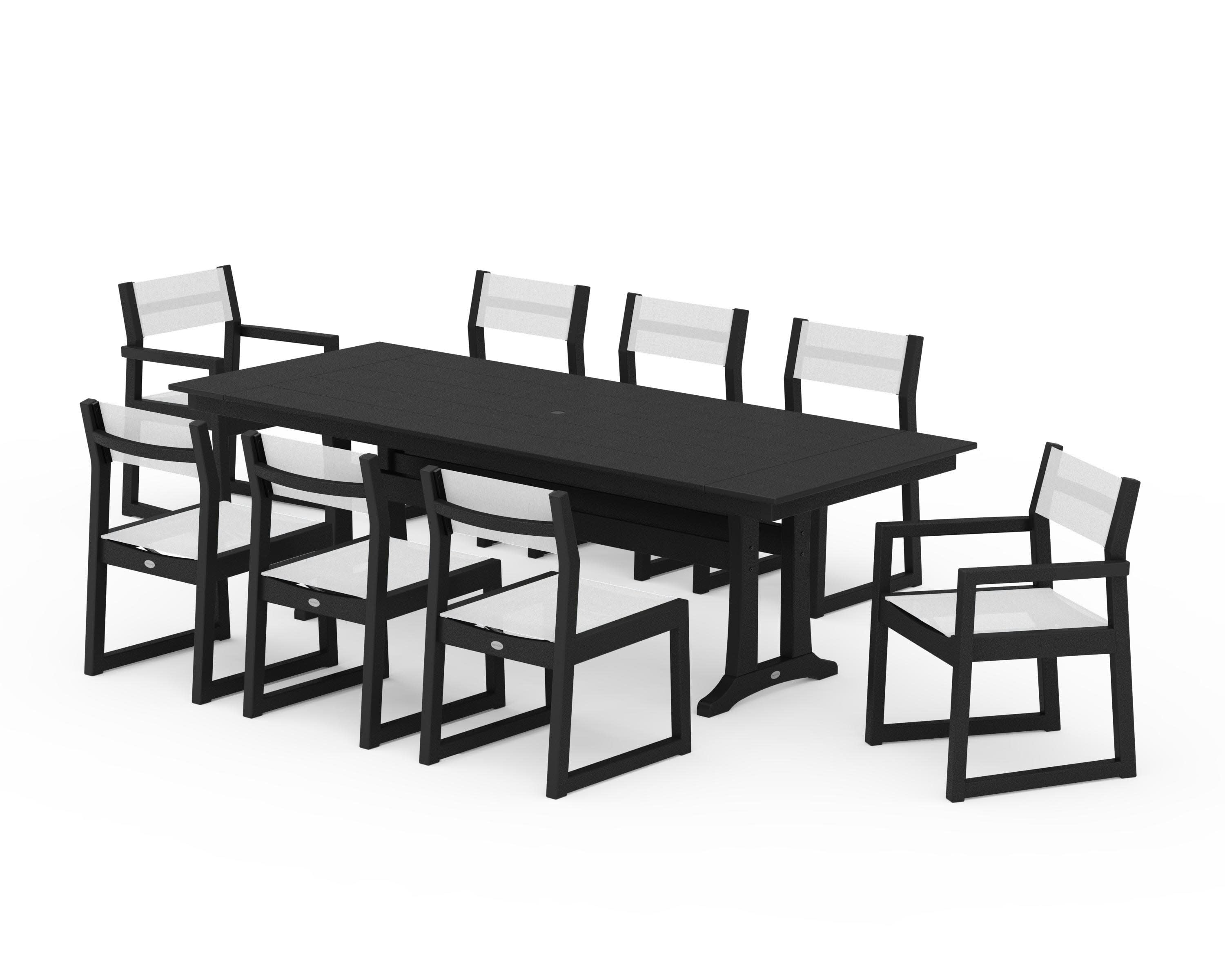 EDGE Sling 9-Piece Farmhouse Trestle Dining Set in Black / White Sling