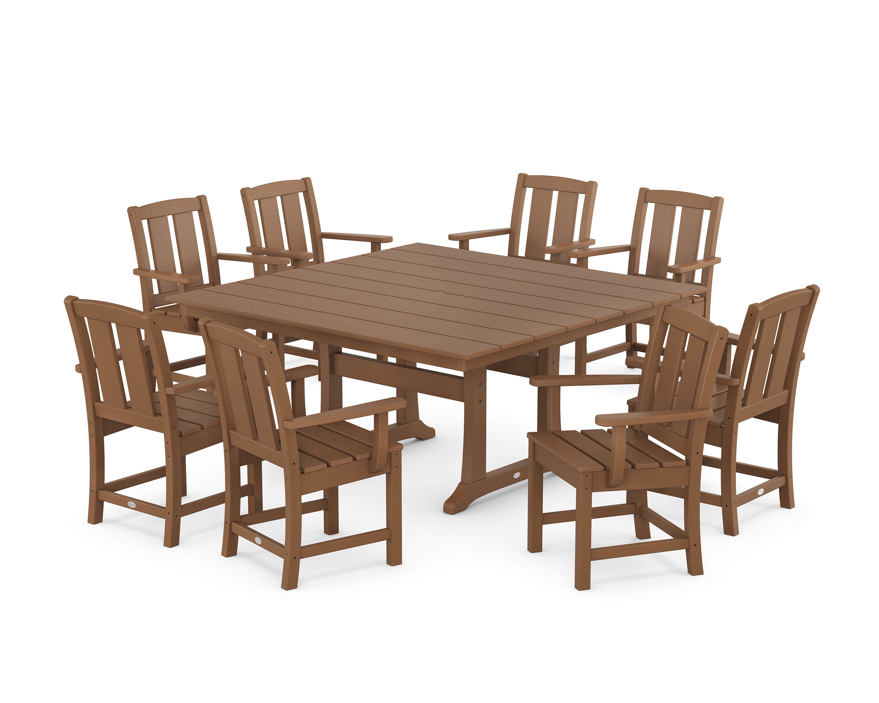 Mission 9-Piece Square Farmhouse Dining Set with Trestle Legs in Teak