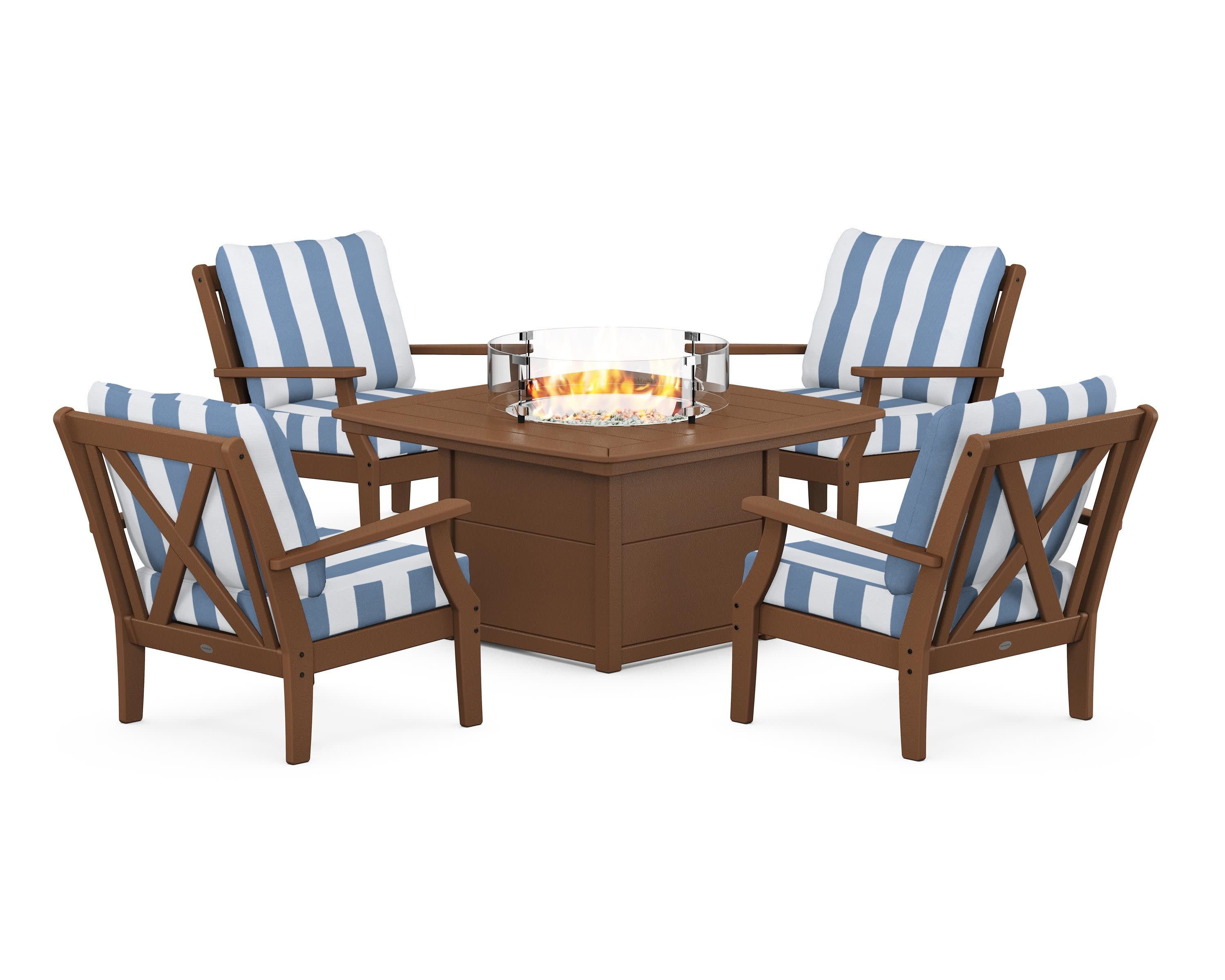 Braxton 5-Piece Deep Seating Conversation Set with Fire Pit Table in Teak / Cabana Stripe Sky Blue