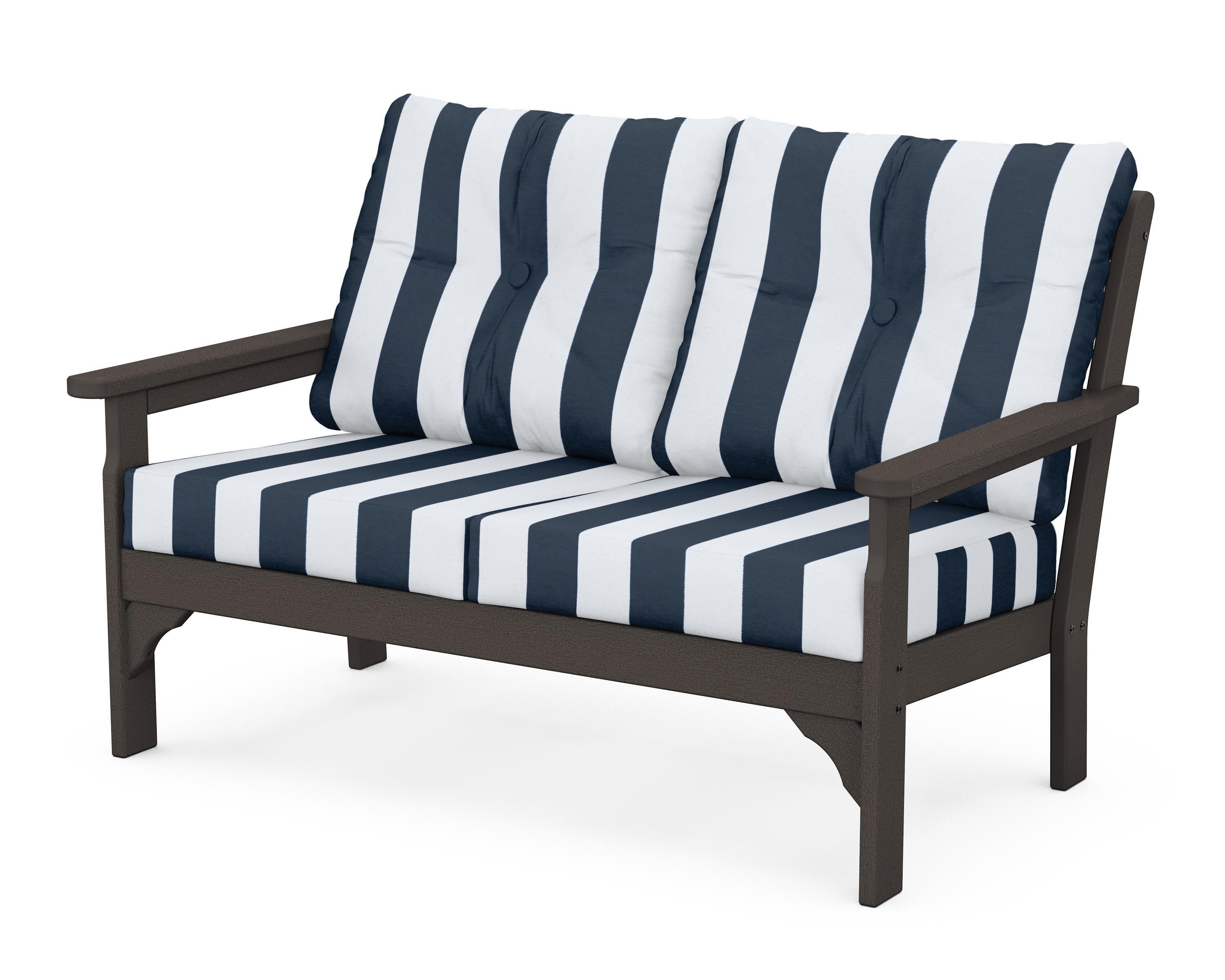 Vineyard Deep Seating Loveseat in Vintage Coffee / Cabana Stripe Marine Indigo