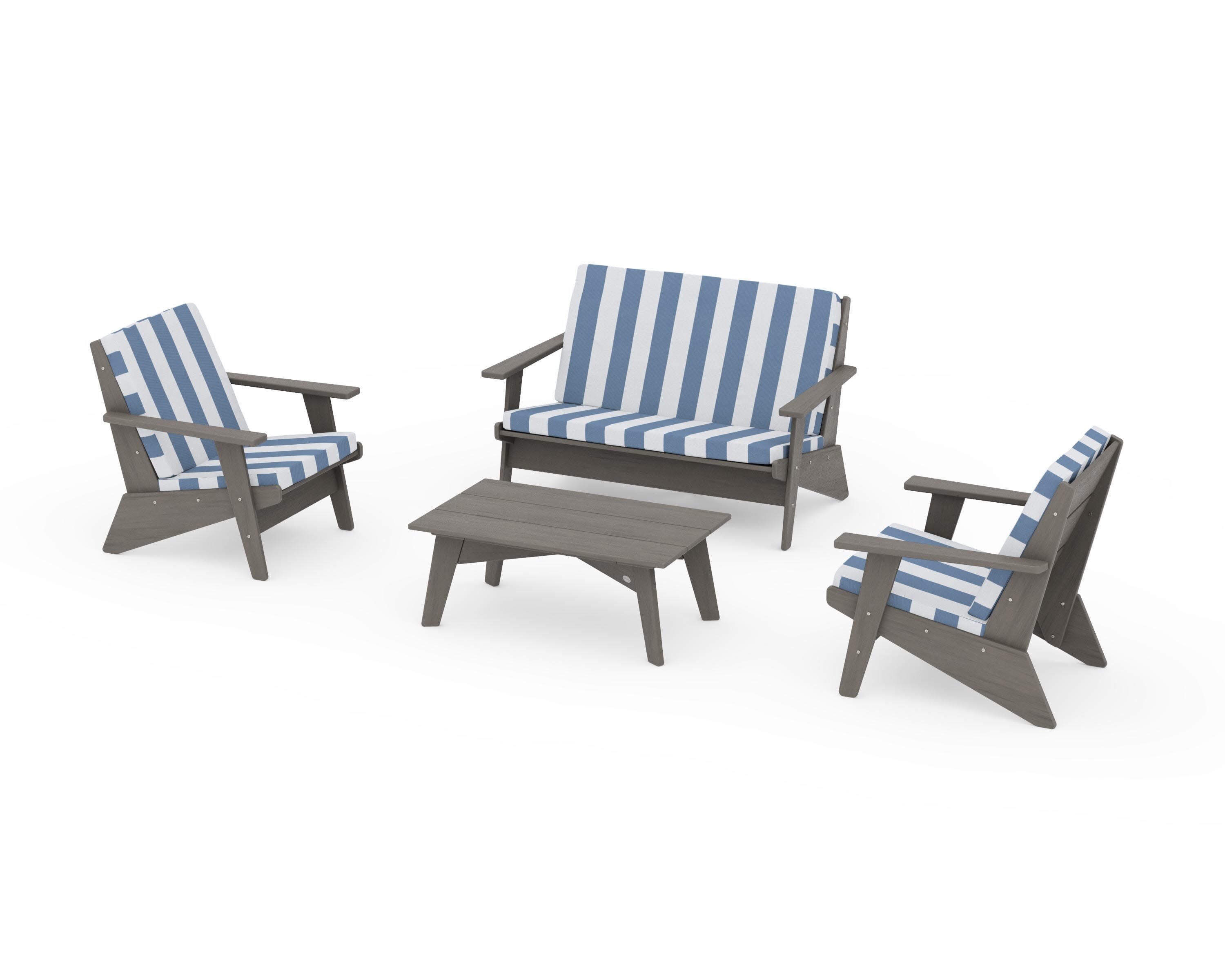 Riviera Modern Lounge 4-Piece Set in Driftwood / Cabana Stripe Sky Blue