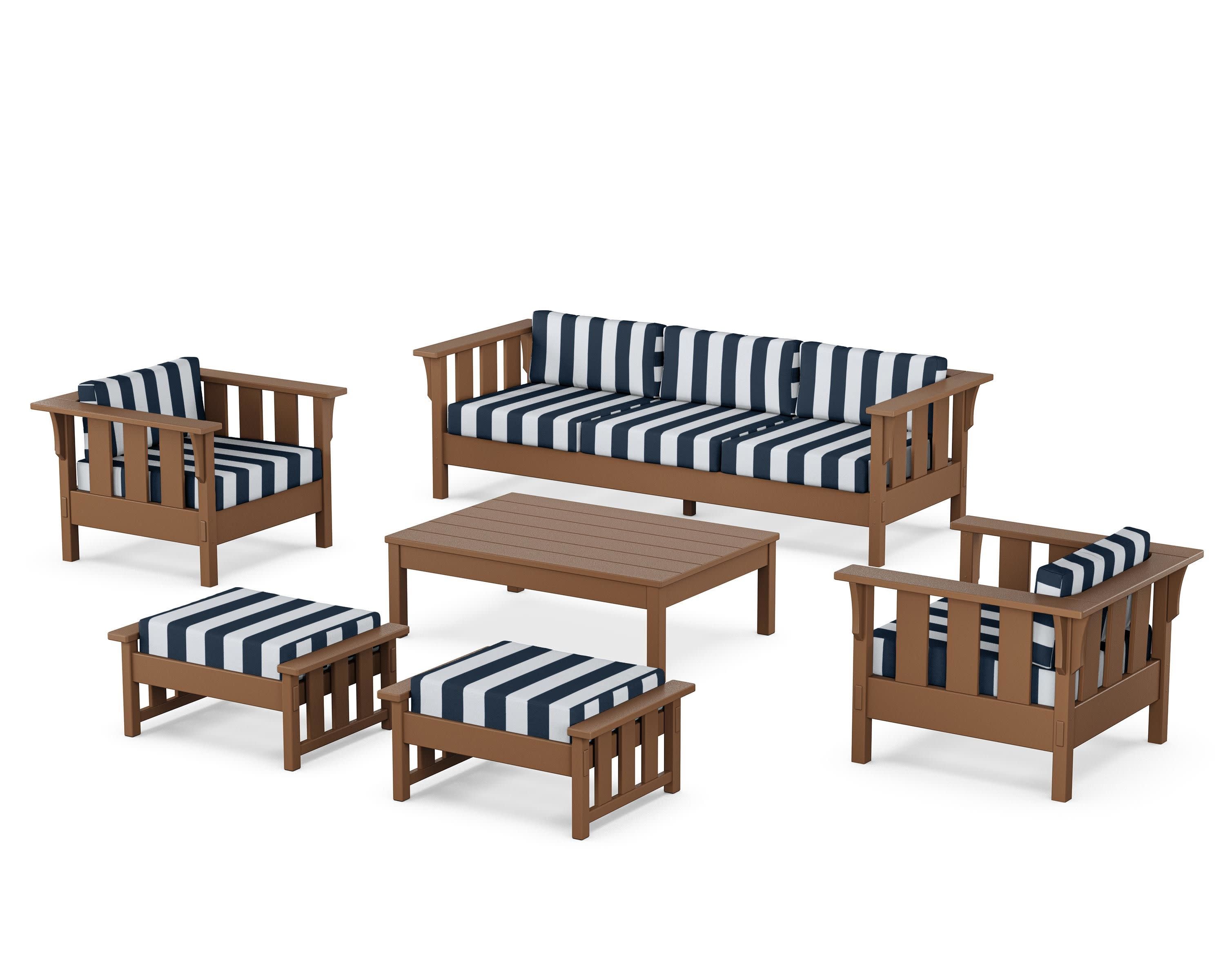 Acadia 6-Piece Lounge Sofa Set in Teak / Cabana Stripe Marine Indigo