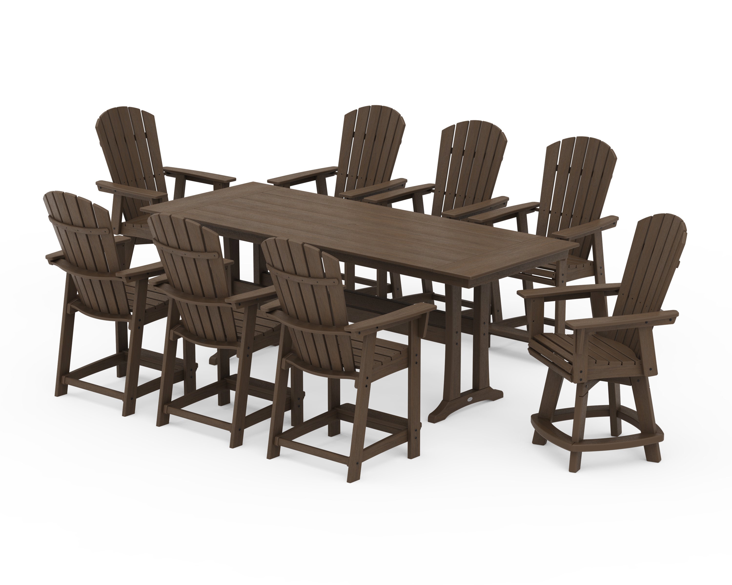 Nautical Curveback Adirondack Swivel Chair 9-Piece Farmhouse Counter Set with Trestle Legs in Kona