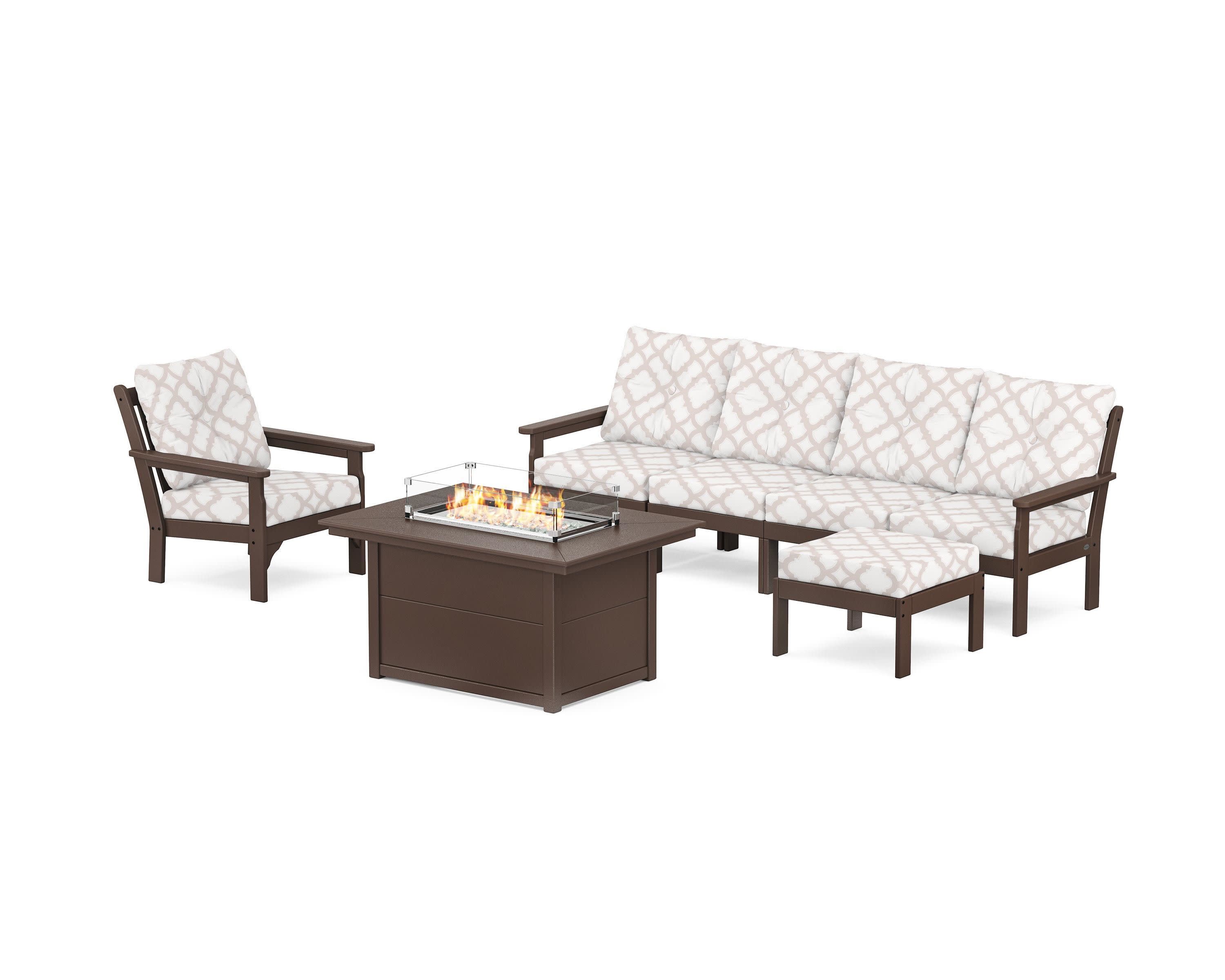 Vineyard Sectional Lounge and Fire Pit Set in Mahogany / Trellis Dune Burlap