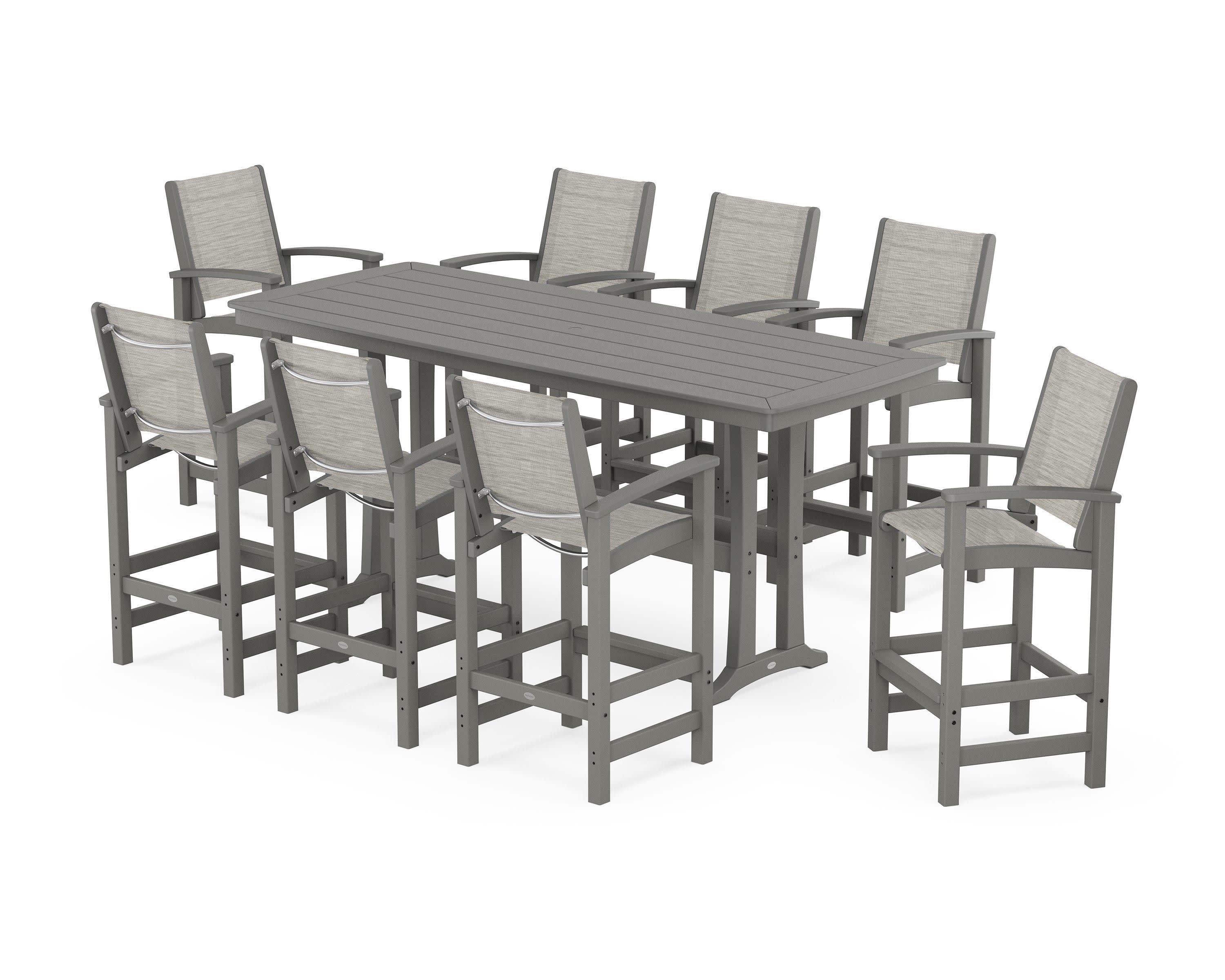 Coastal 9-Piece Bar Set with Trestle Legs in Slate Grey / Birch Sling