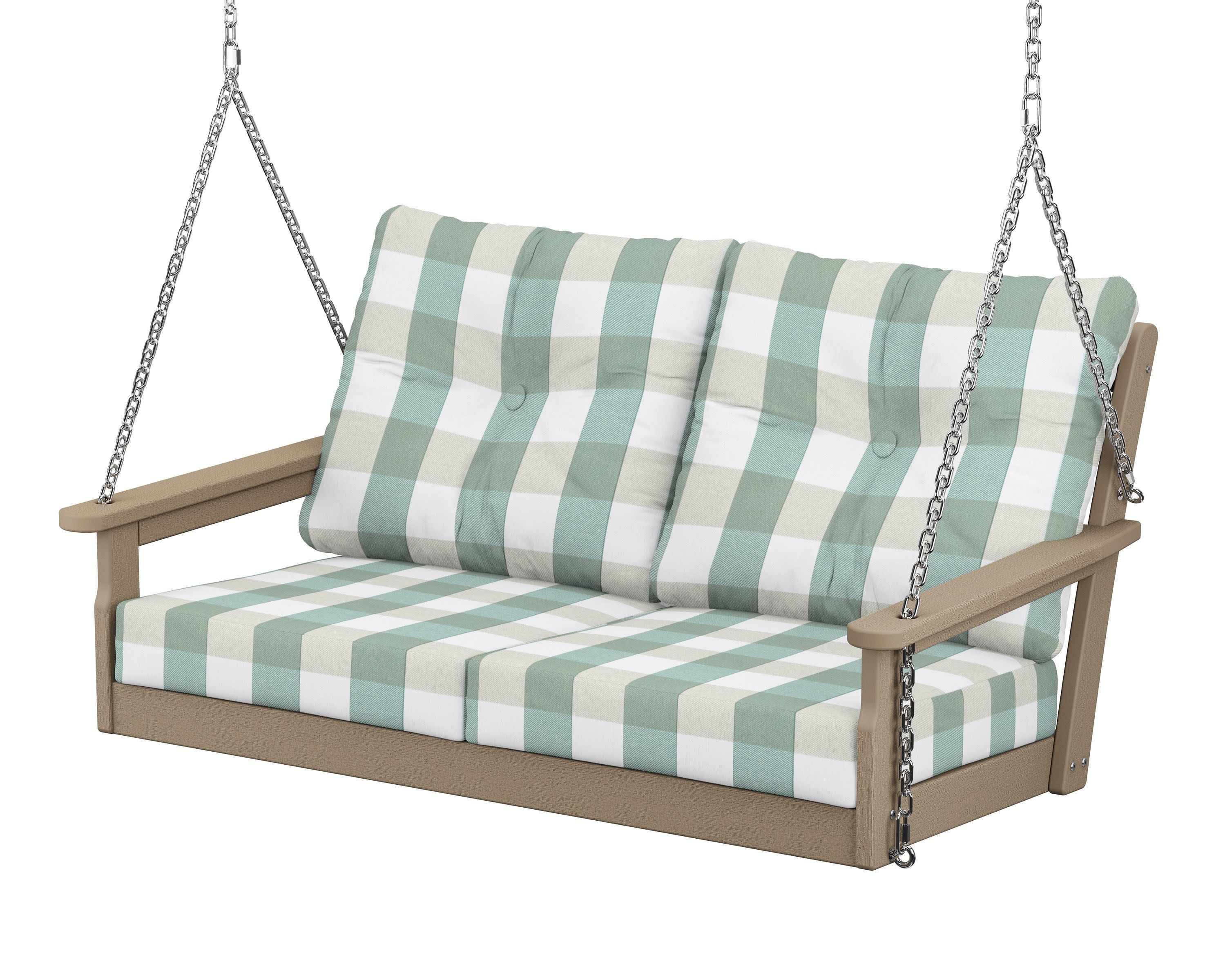 Vineyard Deep Seating Swing in Vintage Sahara / Buffalo Plaid Glacier Spa