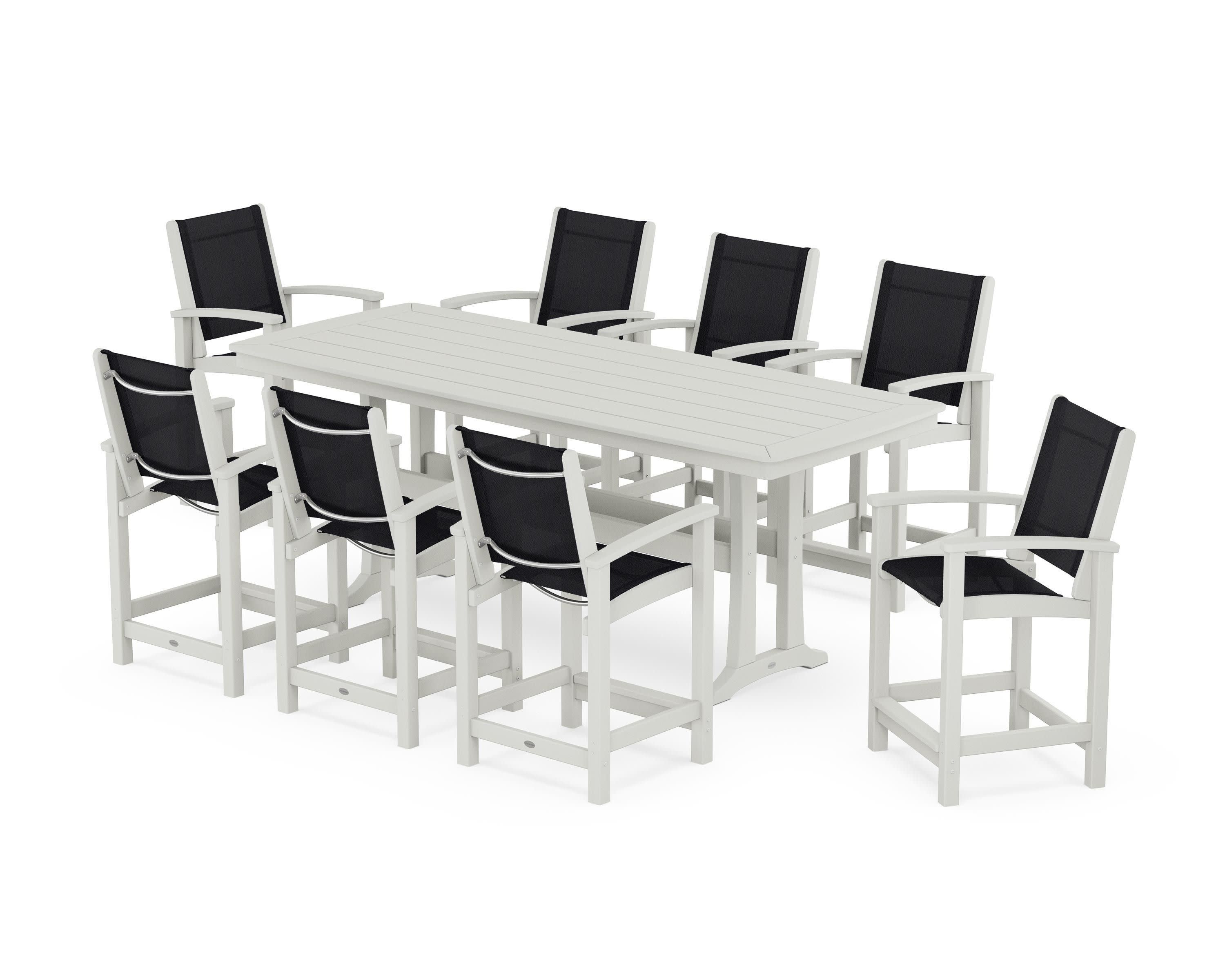 Coastal 9-Piece Counter Set with Trestle Legs in Vintage White / Black Sling