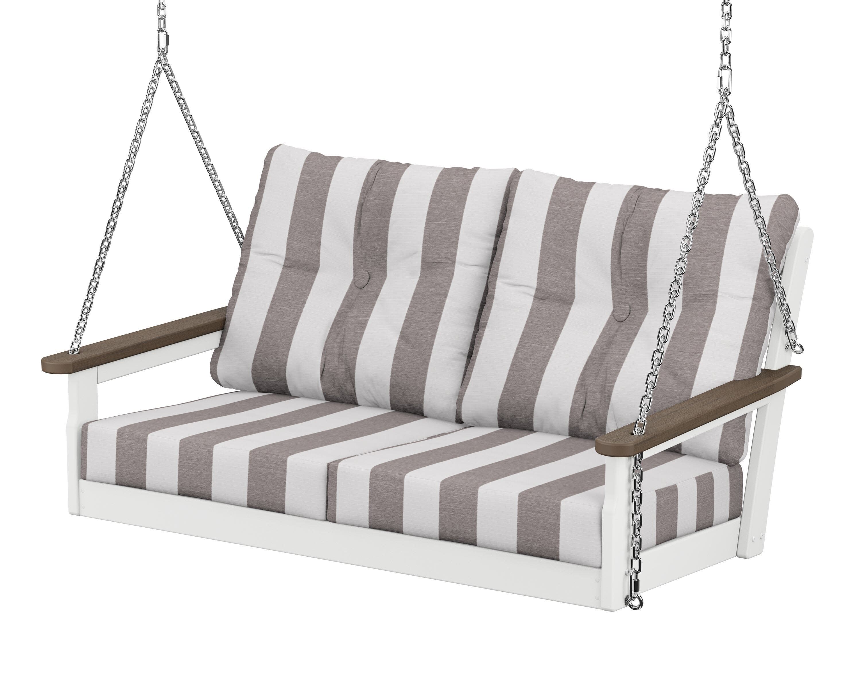 Vineyard Deep Seating Swing in White / Kona / Cabana Stripe Grey Mist