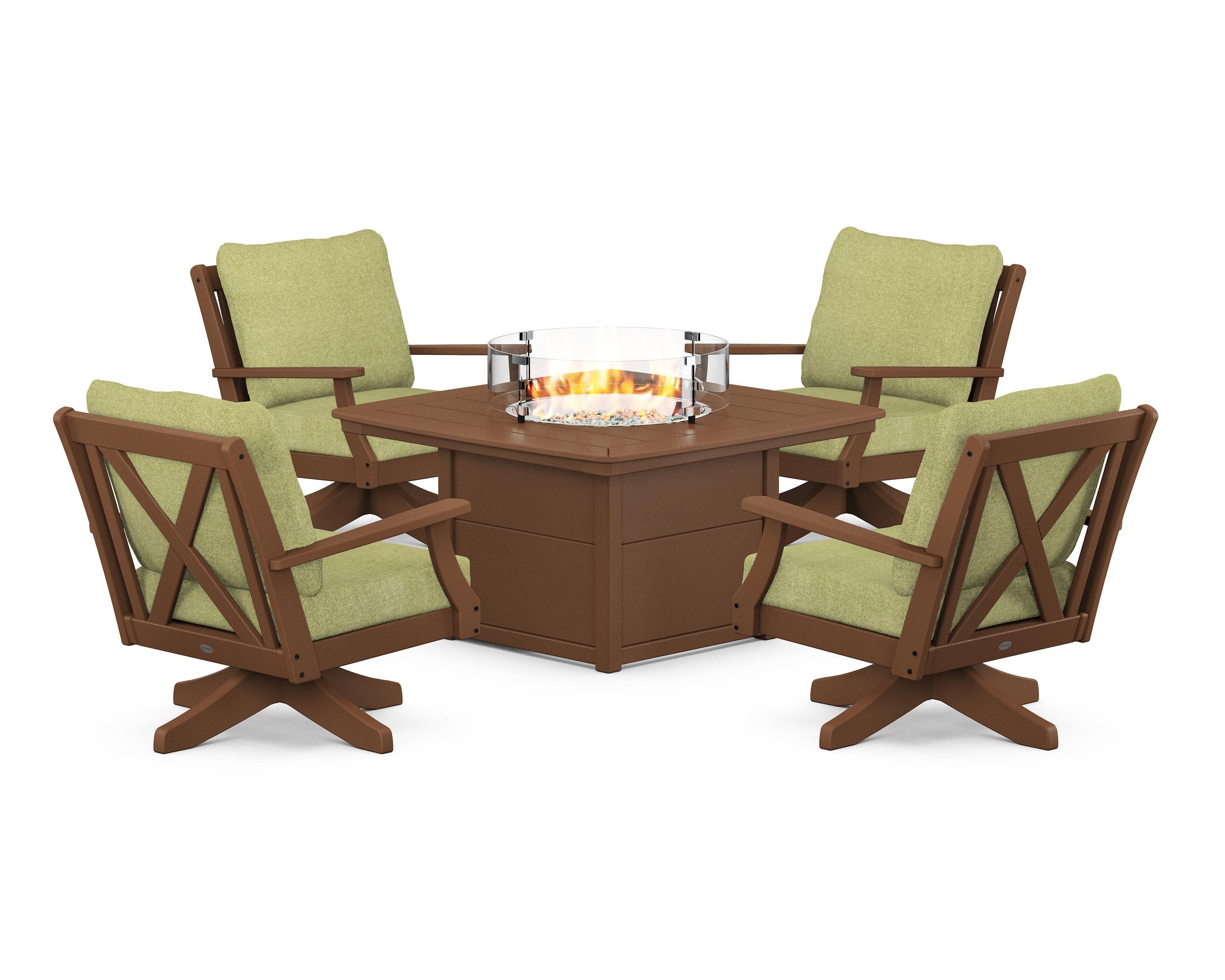 Braxton 5-Piece Deep Seating Swivel Conversation Set with Fire Pit Table in Teak / Chartreuse Boucle