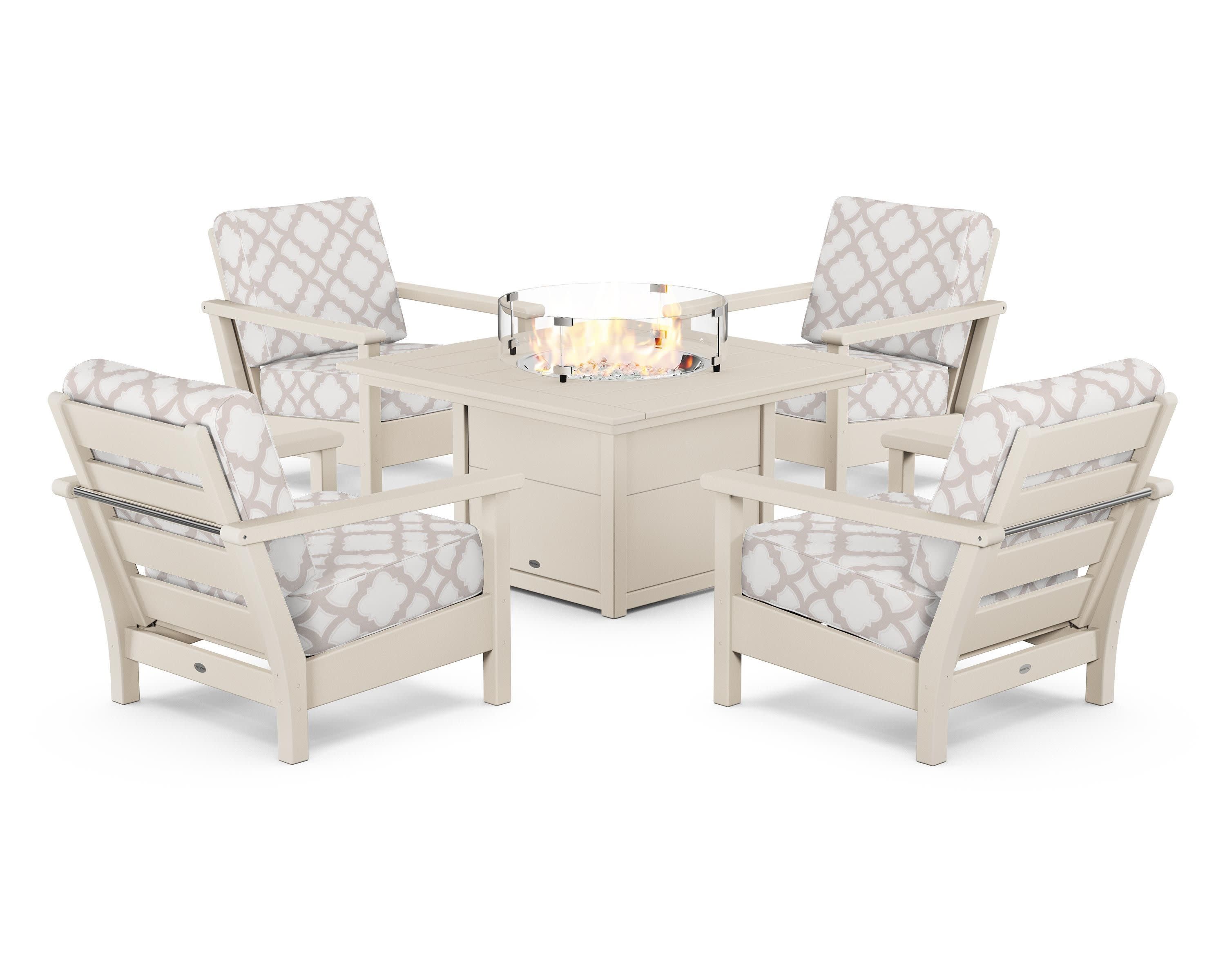 Harbour 5-Piece Conversation Set with Fire Pit Table in Sand / Trellis Dune Burlap