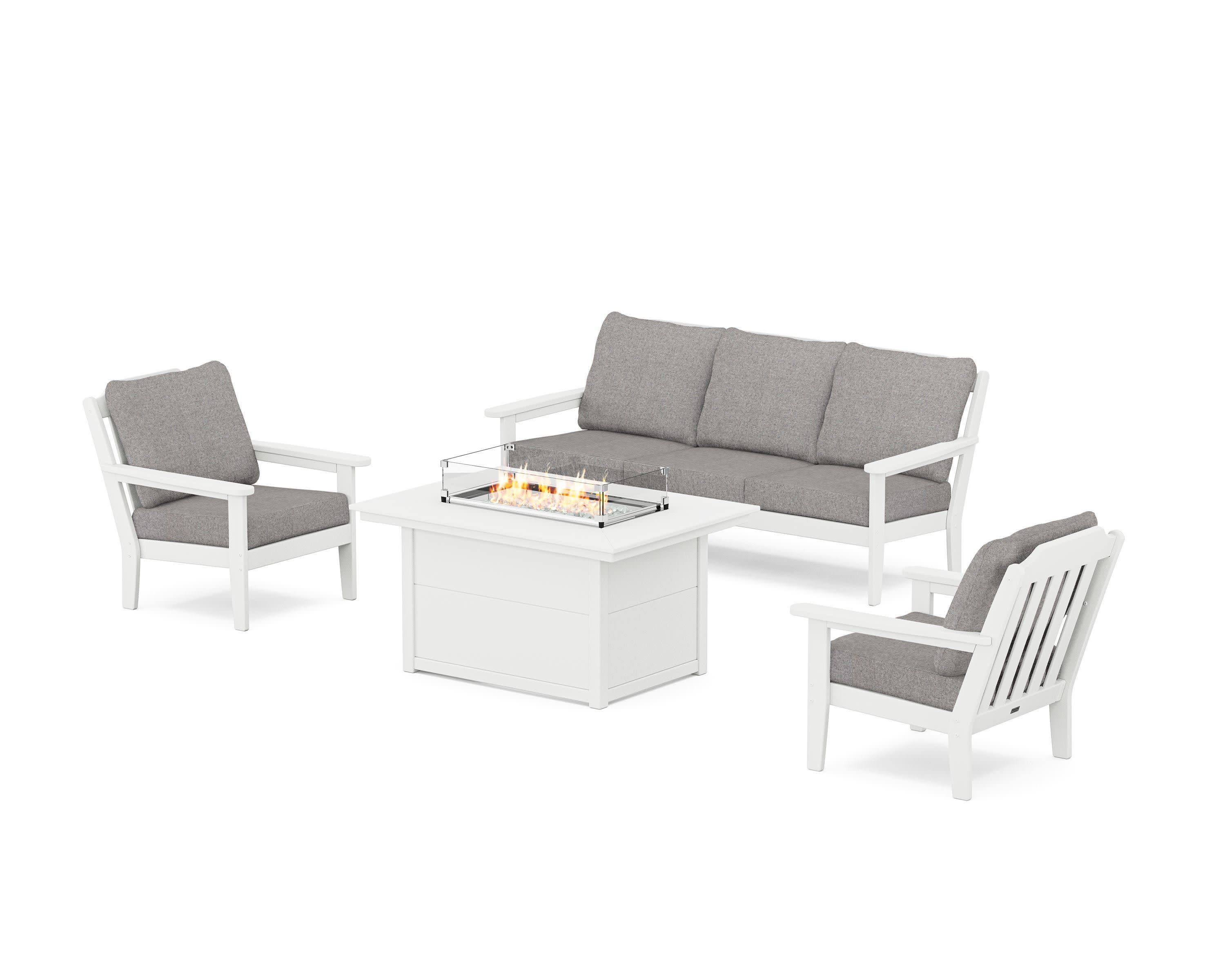 Cottage Deep Seating Fire Pit Table Set in White / Grey Mist