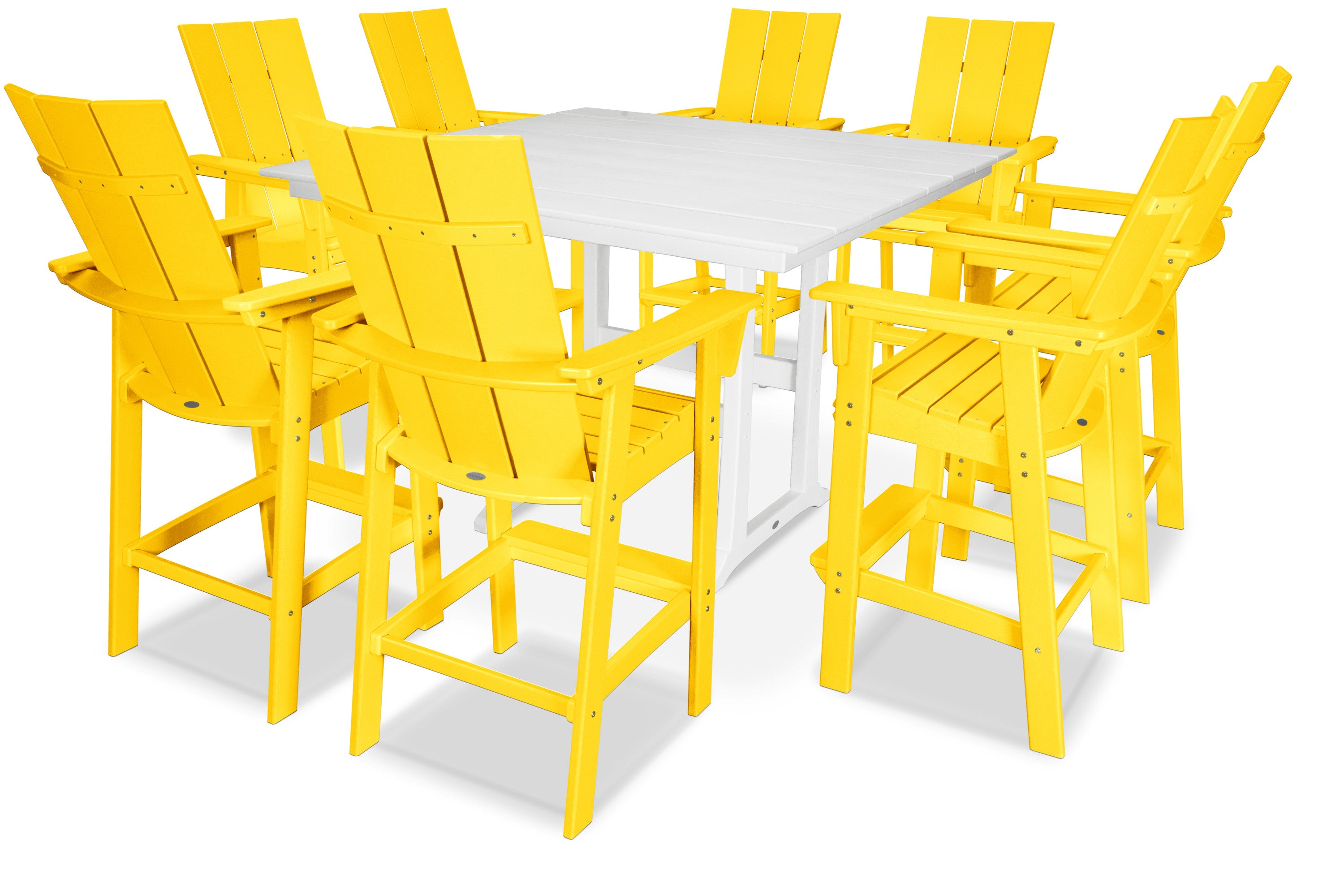 Modern Curveback Adirondack 9-Piece Farmhouse Trestle Bar Set in Lemon / White
