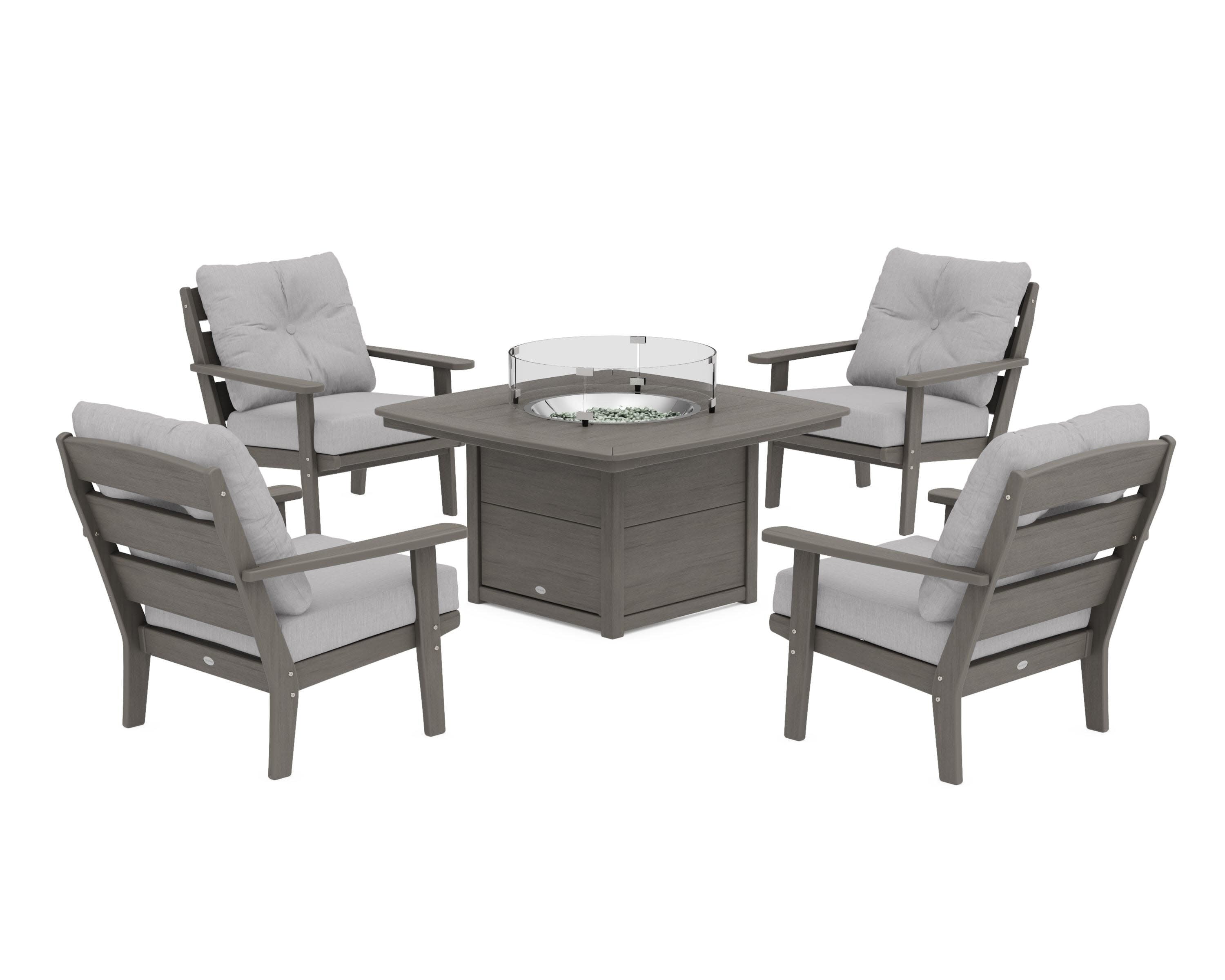 Lakeside 5-Piece Deep Seating Set with Nautical Fire Pit Table in Driftwood / Granite