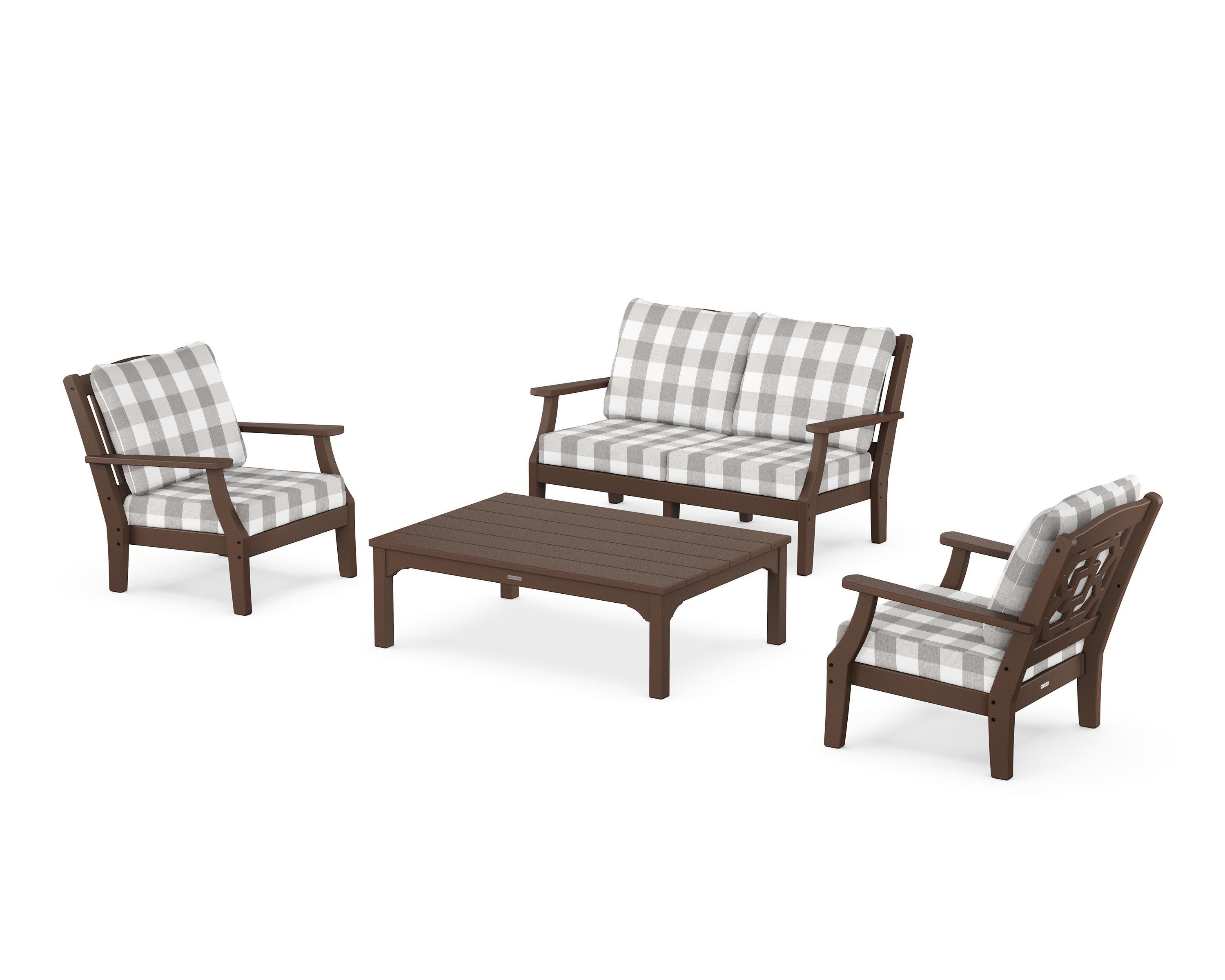 Chinoiserie 4-Piece Deep Seating Set with Loveseat in Mahogany / Buffalo Plaid Grey Mist