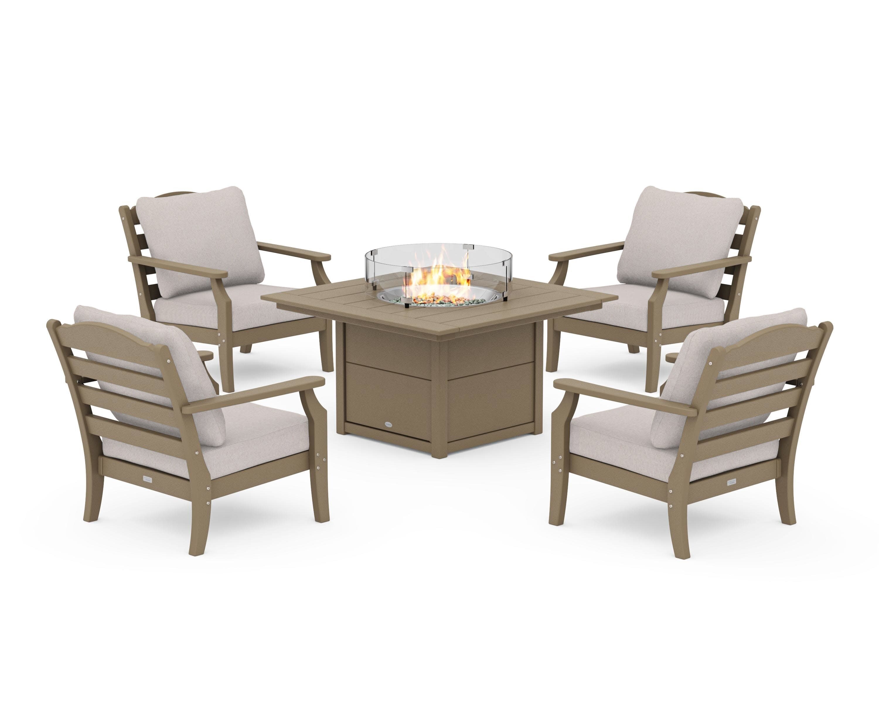 Savannah 5-Piece Deep Seating Set with Fire Pit Table in Vintage Sahara / Dune Burlap