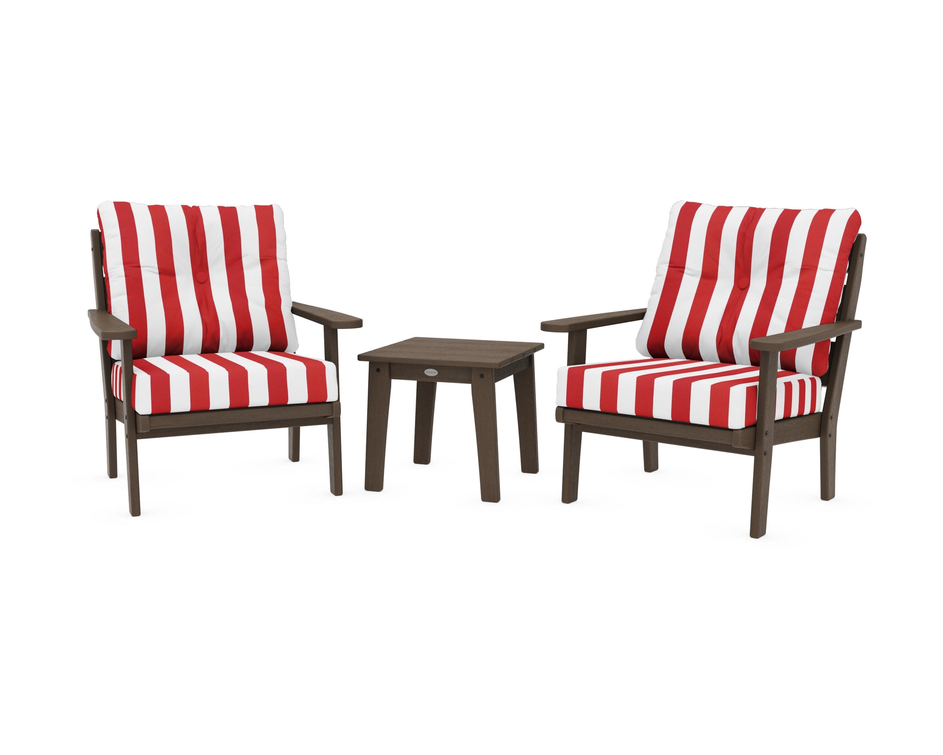 Lakeside 3-Piece Deep Seating Chair Set in Kona / Cabana Stripe Crimson