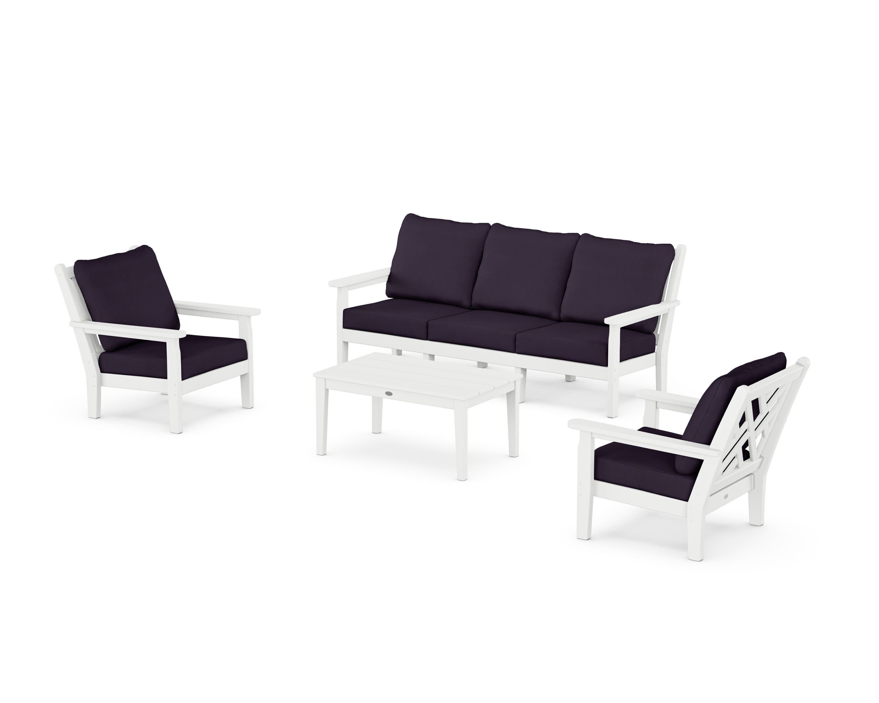 Chippendale 4-Piece Deep Seating Set with Sofa in White / Navy Linen