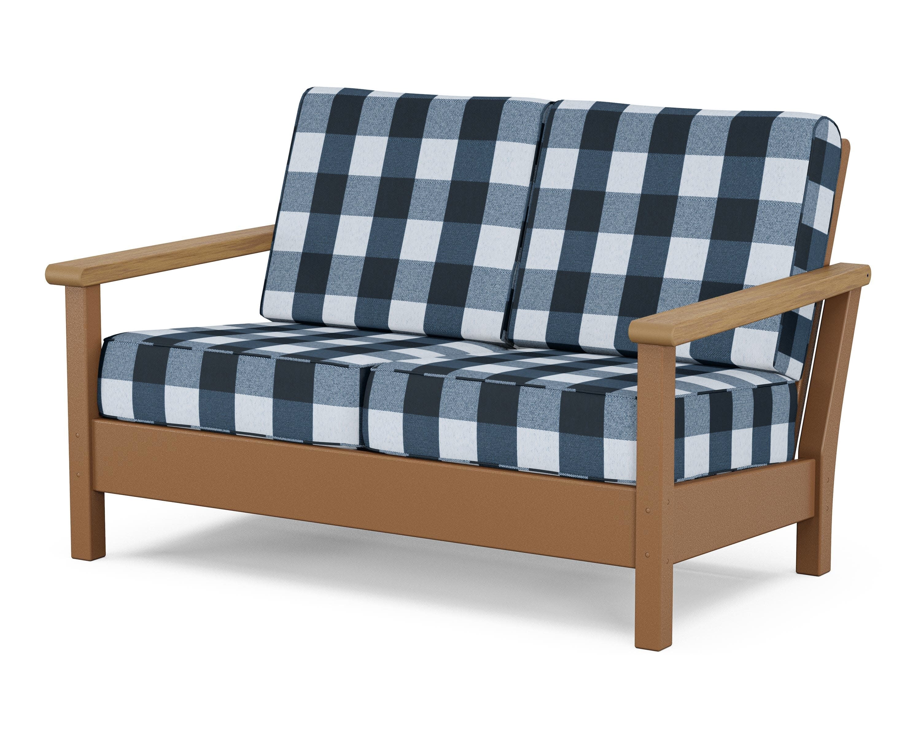 Harbour Deep Seating Loveseat in Teak / Natural / Buffalo Plaid Marine Indigo