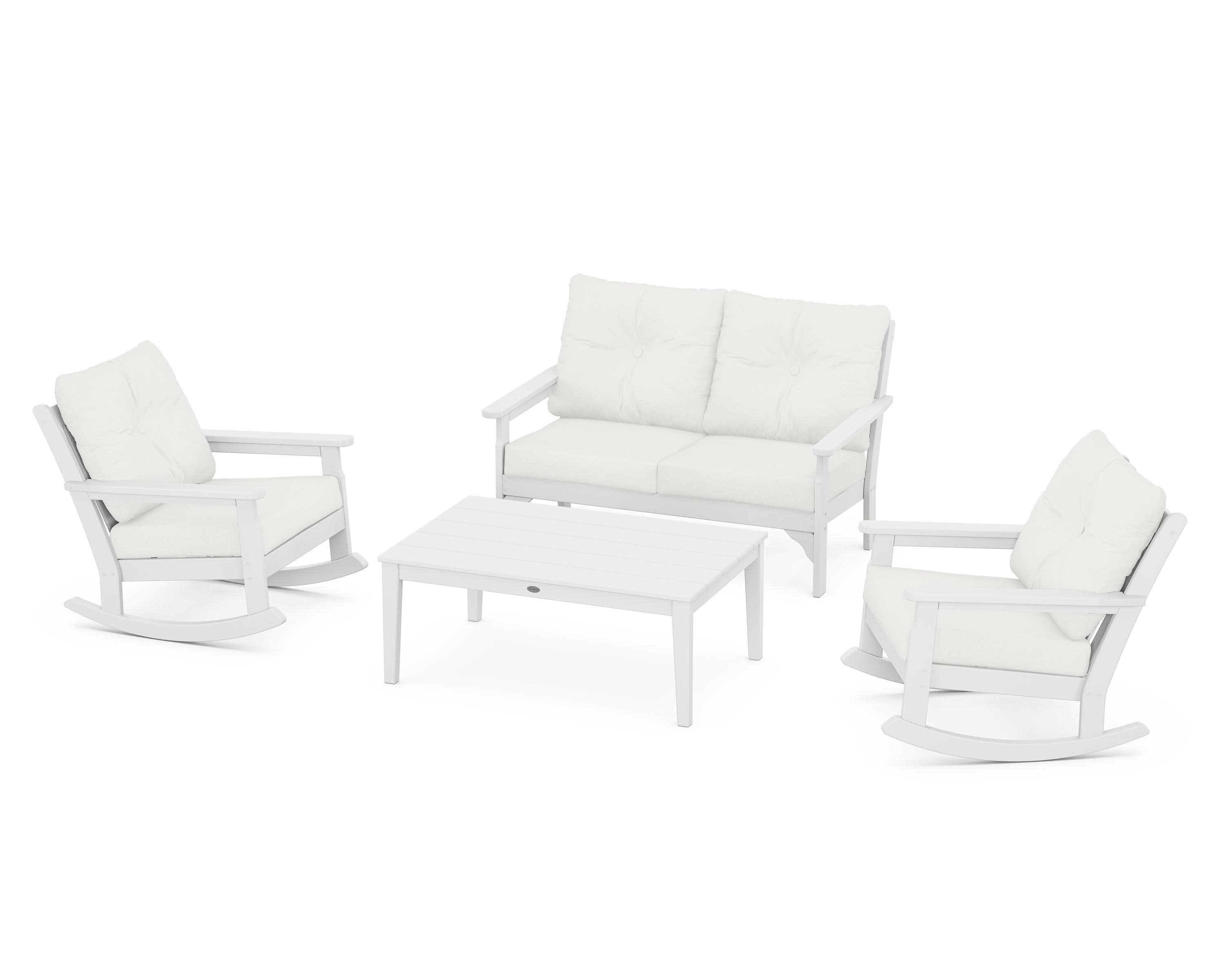 Vineyard 4-Piece Deep Seating Rocking Chair Set in White / Natural Linen