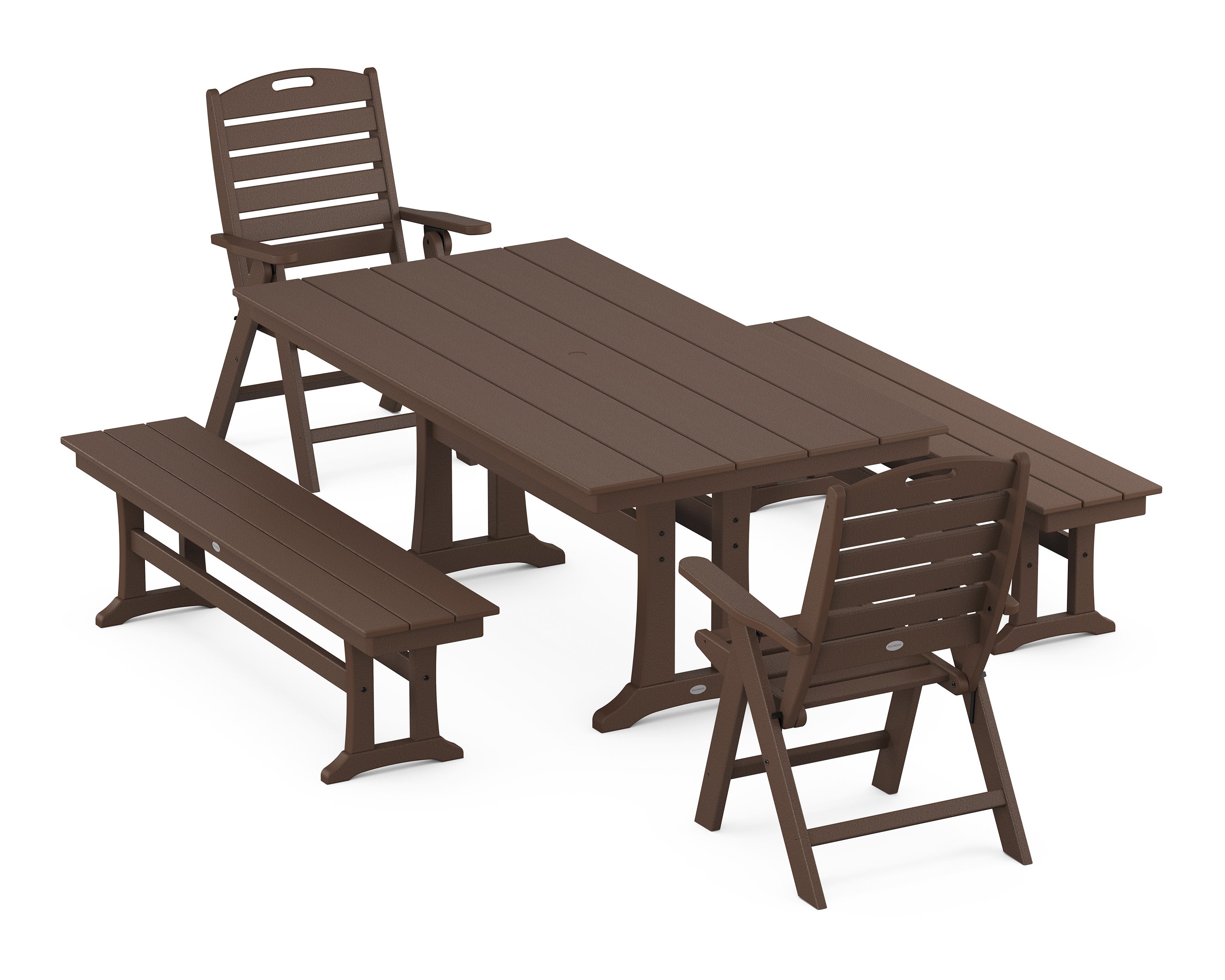 Nautical Folding Highback Chair 5-Piece Farmhouse Dining Set With Trestle Legs and Benches in Mahogany