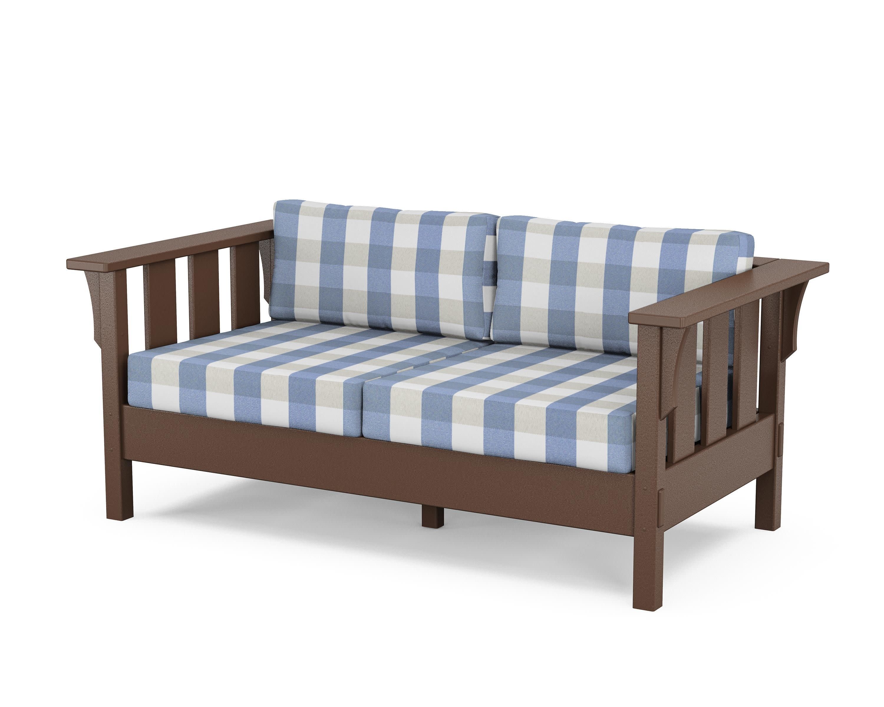 Acadia Deep Seating Loveseat in Mahogany / Buffalo Plaid Sky Blue