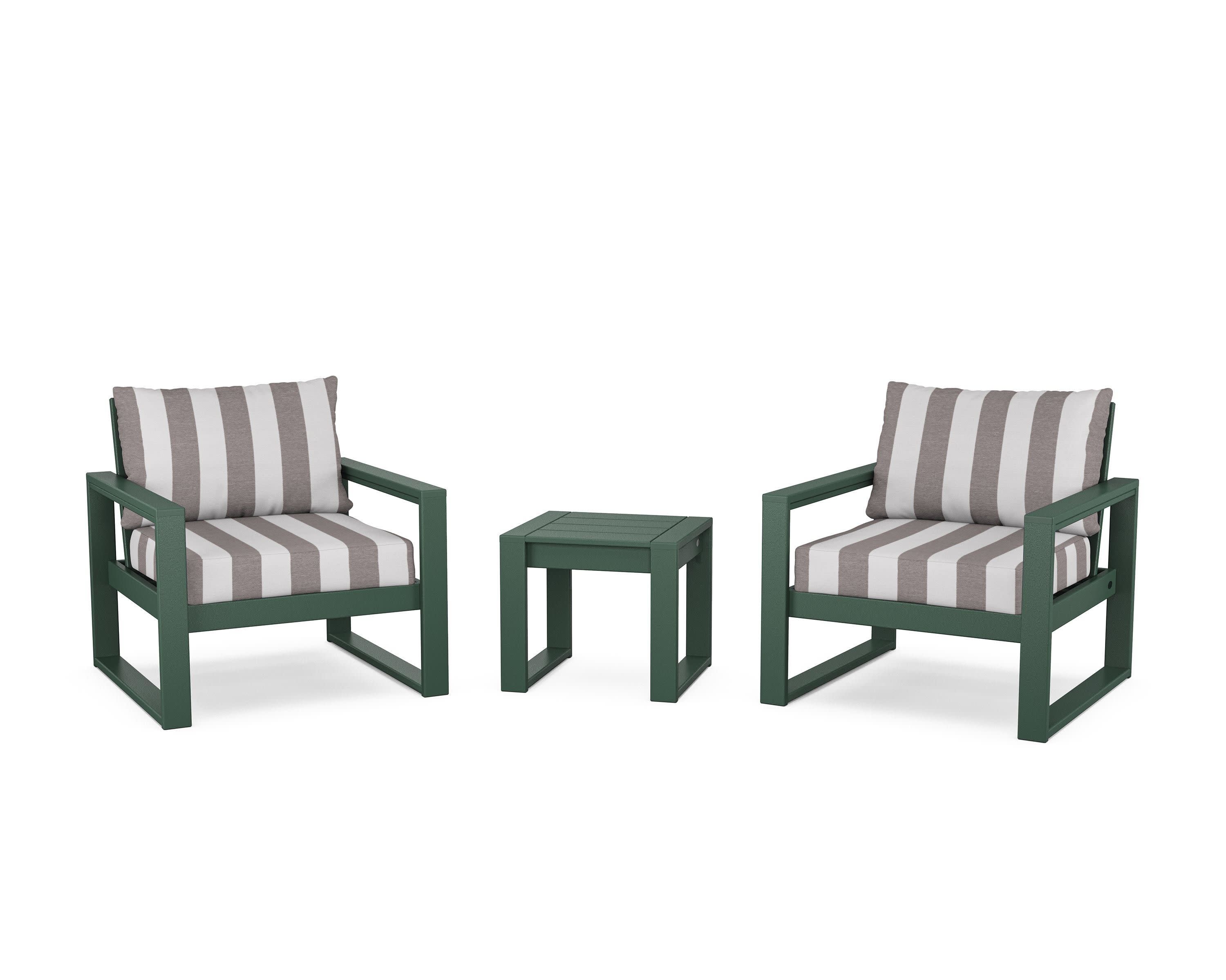 EDGE Sectional 3-Piece Deep Seating Set in Green / Cabana Stripe Grey Mist