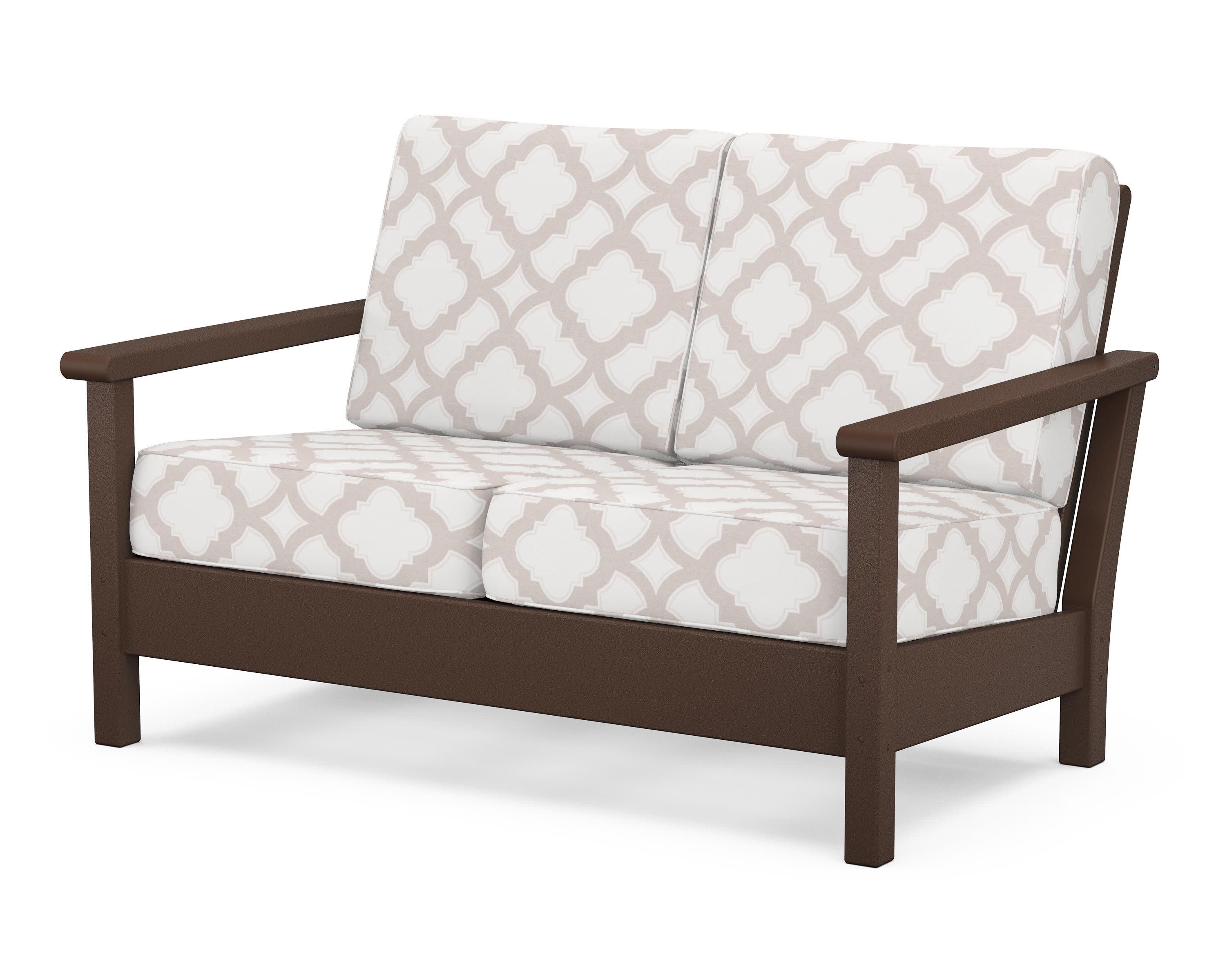 Harbour Deep Seating Loveseat in Mahogany / Trellis Dune Burlap
