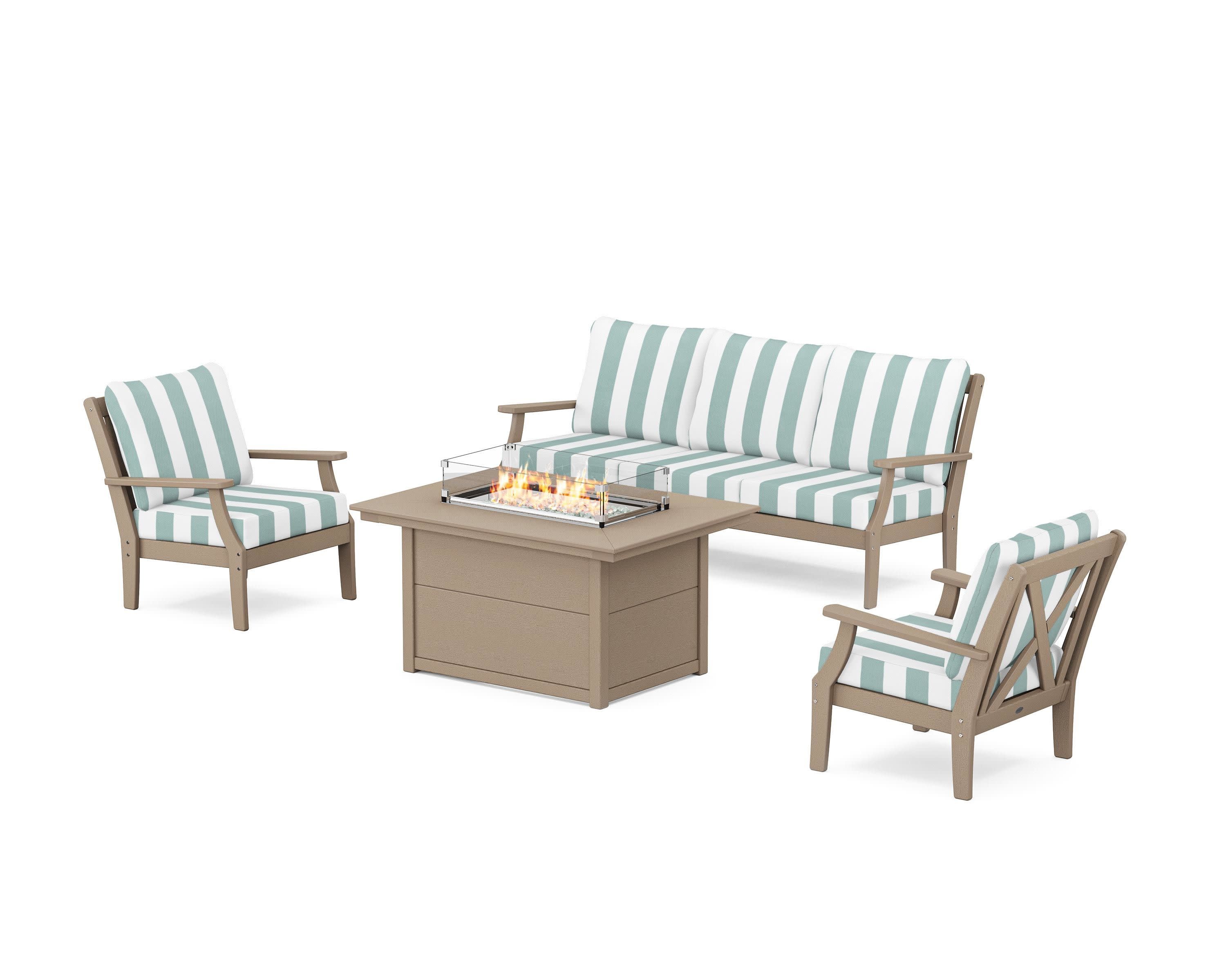 Braxton Deep Seating Fire Pit Table Set in Vintage Sahara / Cabana Stripe Glacier Spa