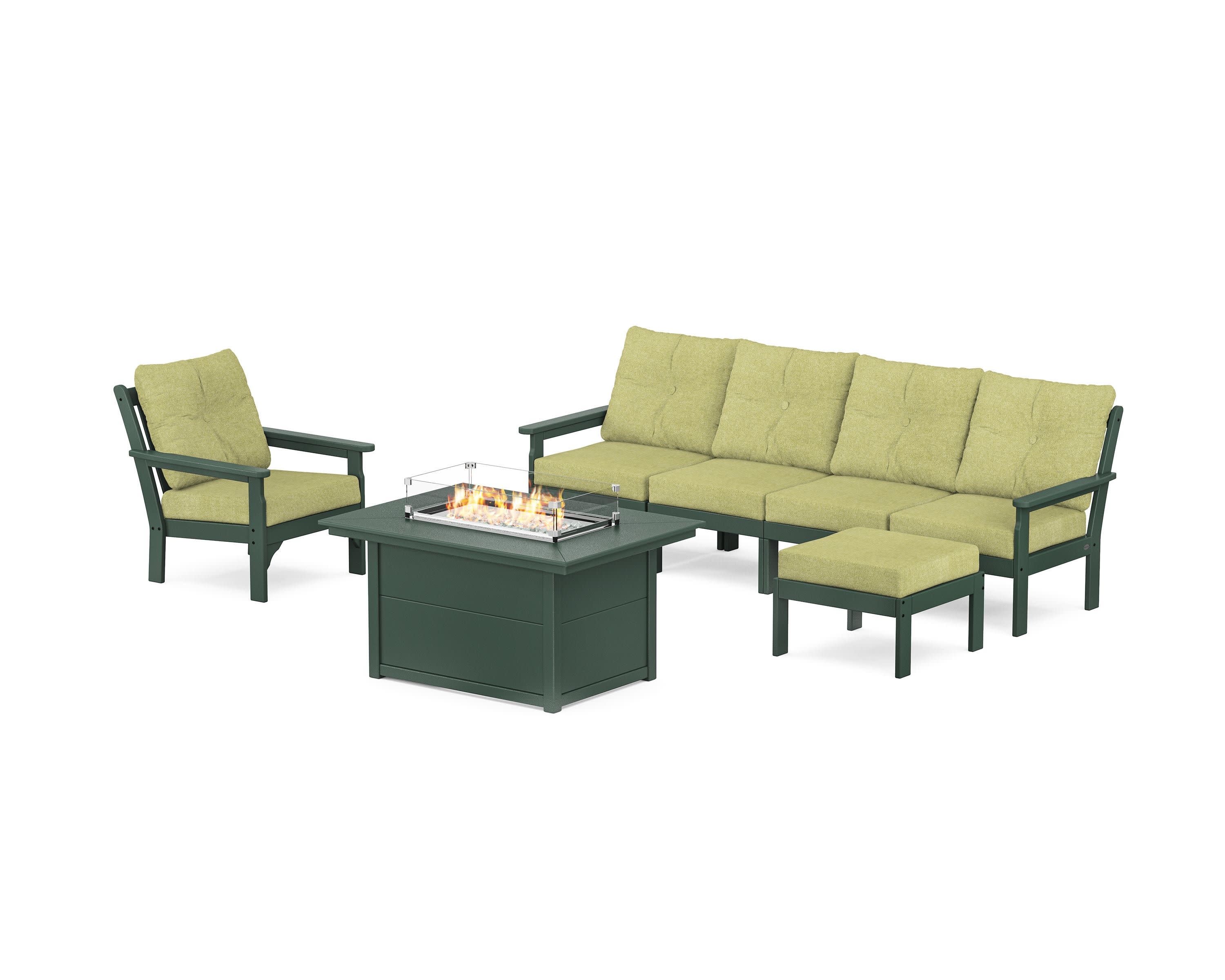 Vineyard Sectional Lounge and Fire Pit Set in Green / Chartreuse Boucle