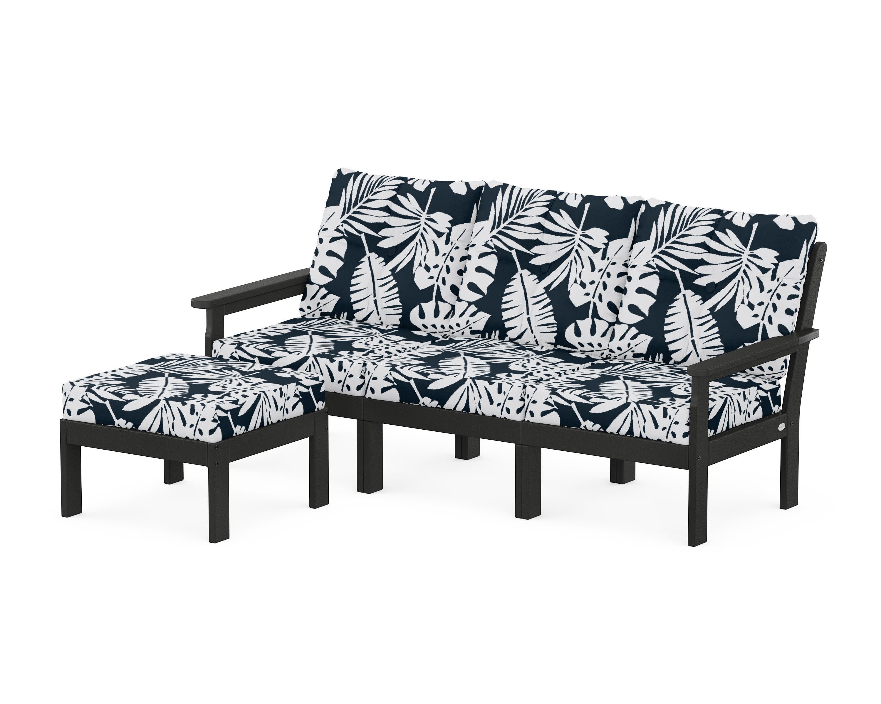 Vineyard 4-Piece Sectional with Ottoman in Black / Leaf Marine Indigo