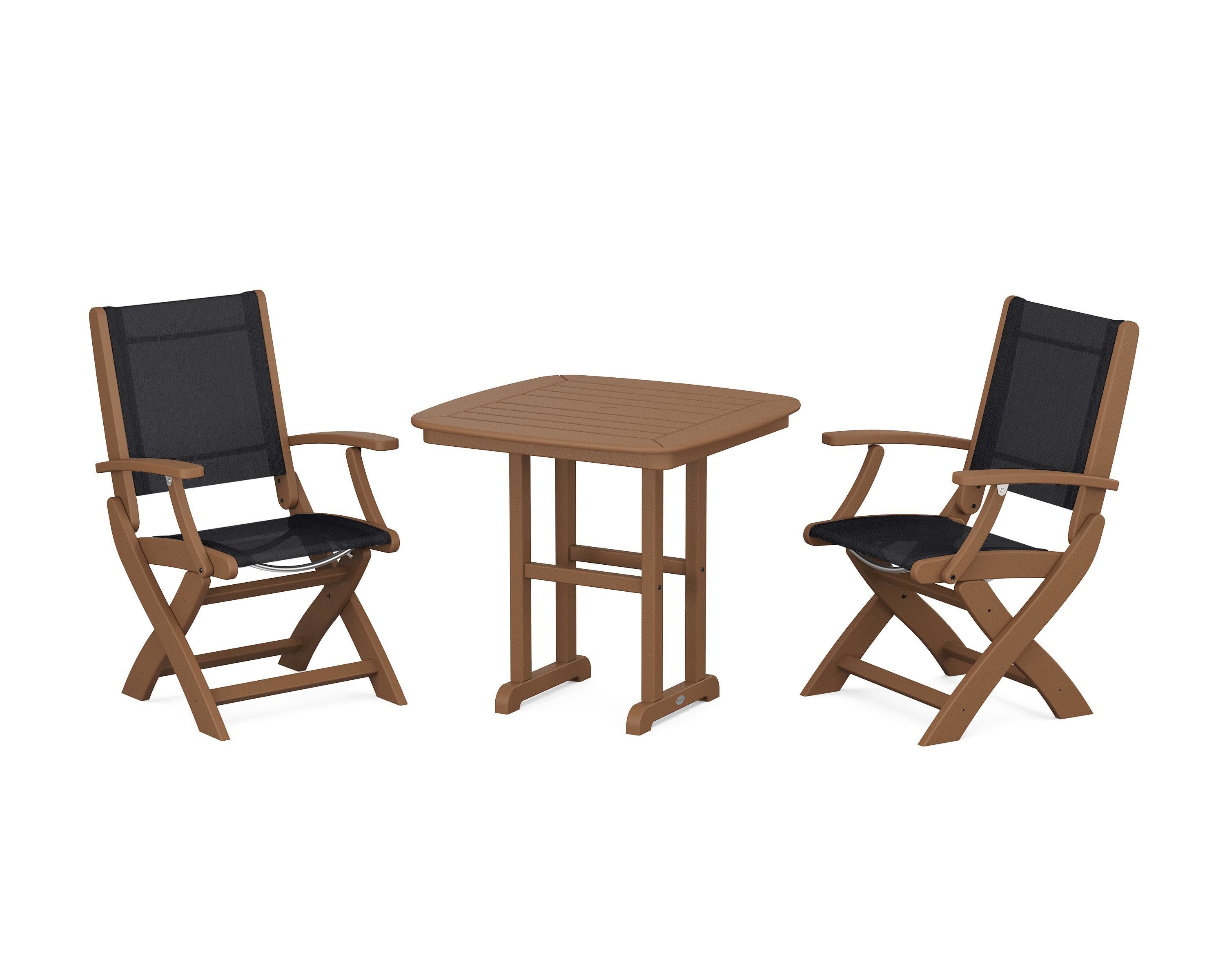 Coastal Folding Chair 3-Piece Dining Set in Teak / Black Sling