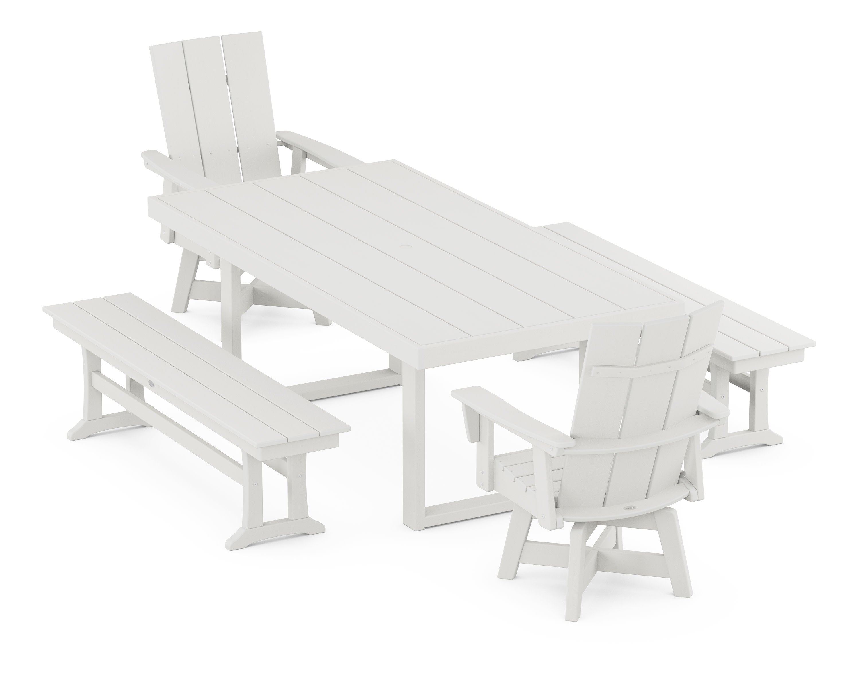 Modern Adirondack Swivel Chair 5-Piece Dining Set with Benches in Vintage White