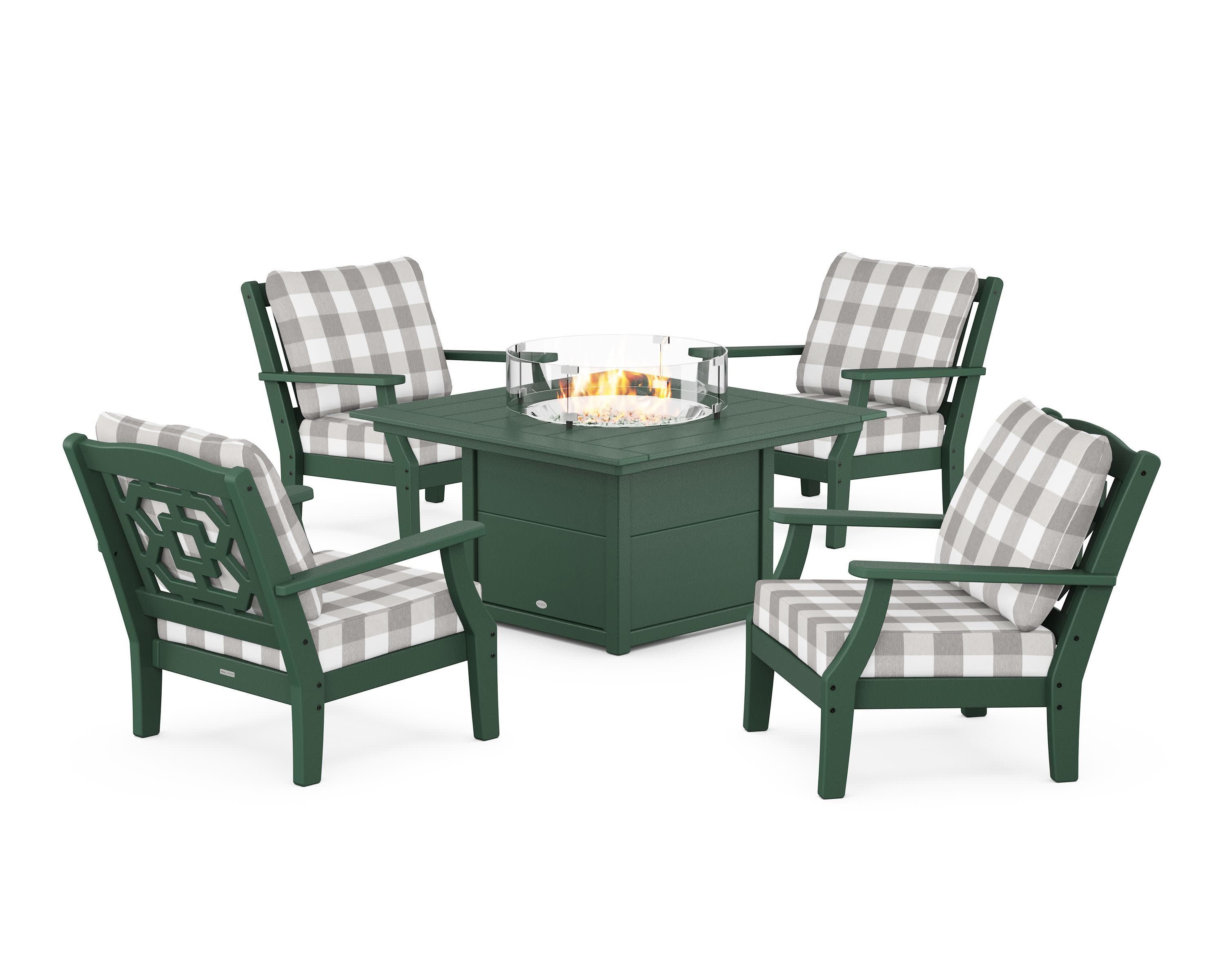 Chinoiserie 5-Piece Deep Seating Set with Fire Pit Table in Green / Buffalo Plaid Grey Mist